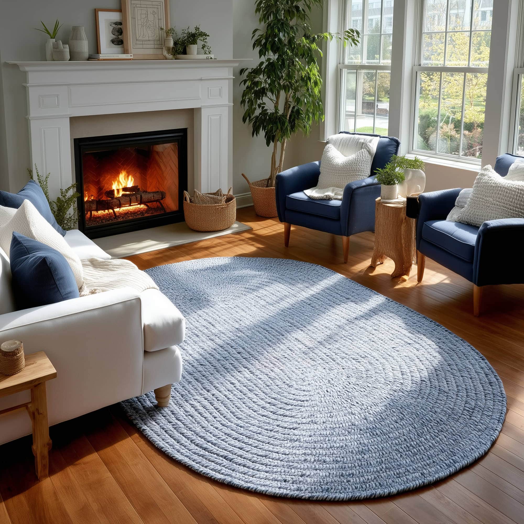 Navy Blue, White Braided Indoor Outdoor Polypropylene Rug 7' X 9' #shape_Oval