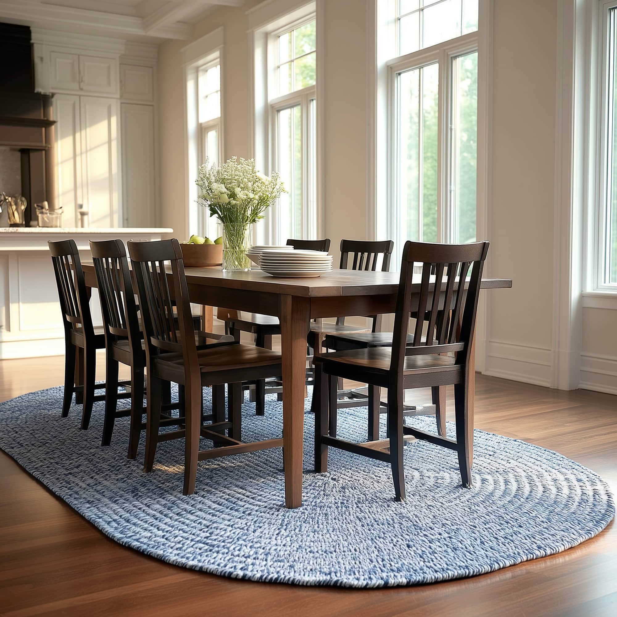 Navy Blue, White Braided Indoor Outdoor Polypropylene Rug 7' X 9' #shape_Oval