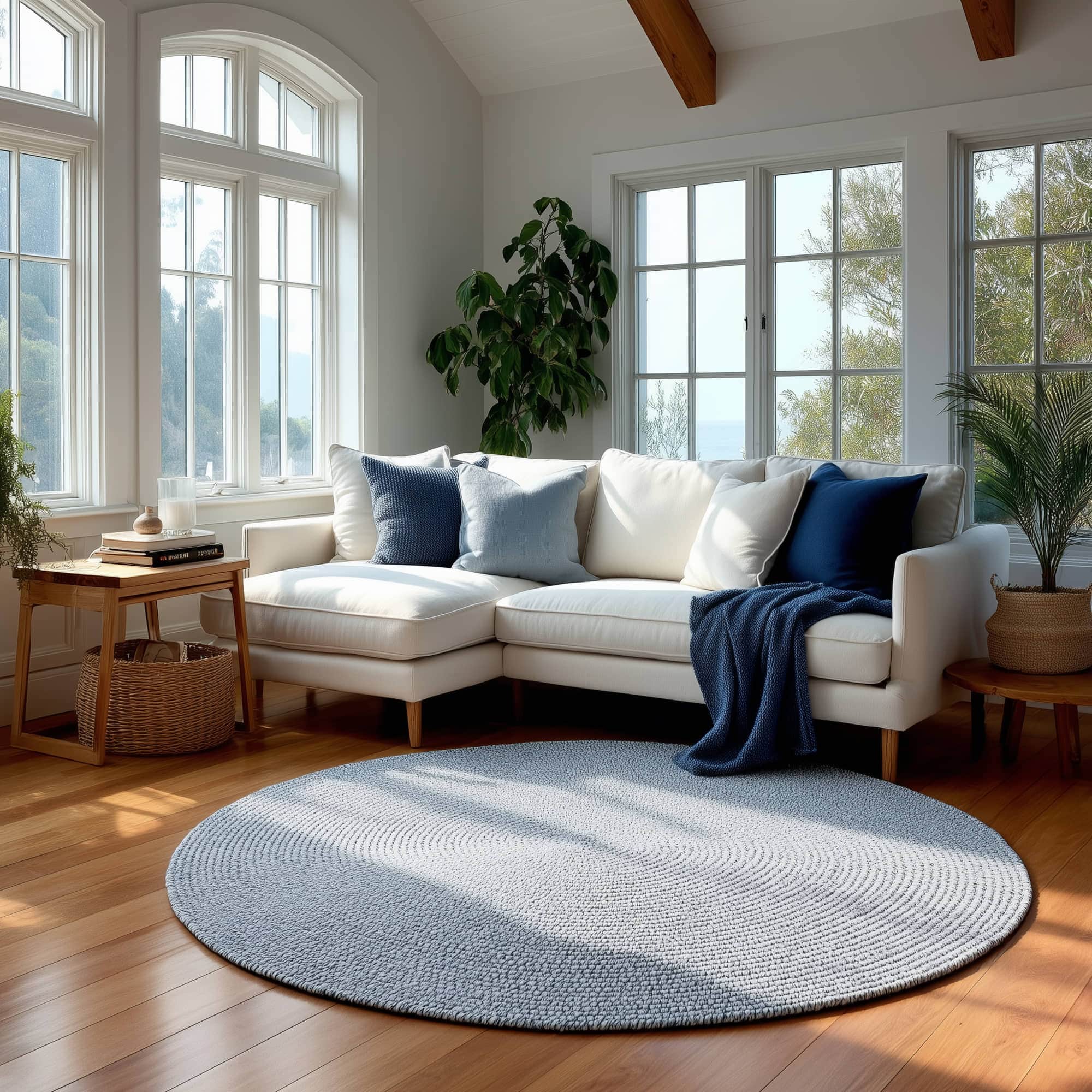 Navy Blue, White Braided Indoor Outdoor Polypropylene Rug 6' #shape_Round