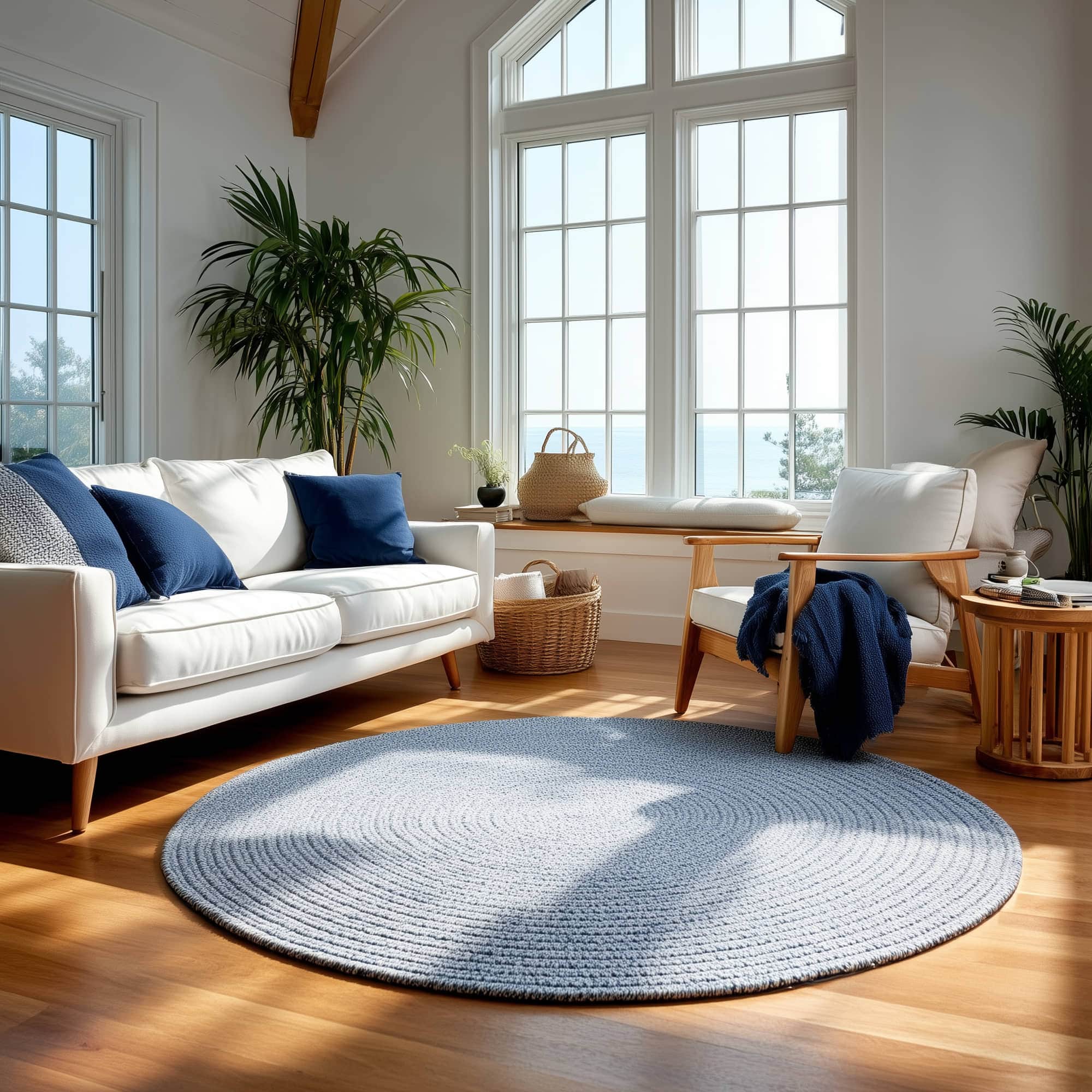 Navy Blue, White Braided Indoor Outdoor Polypropylene Rug 6' #shape_Round