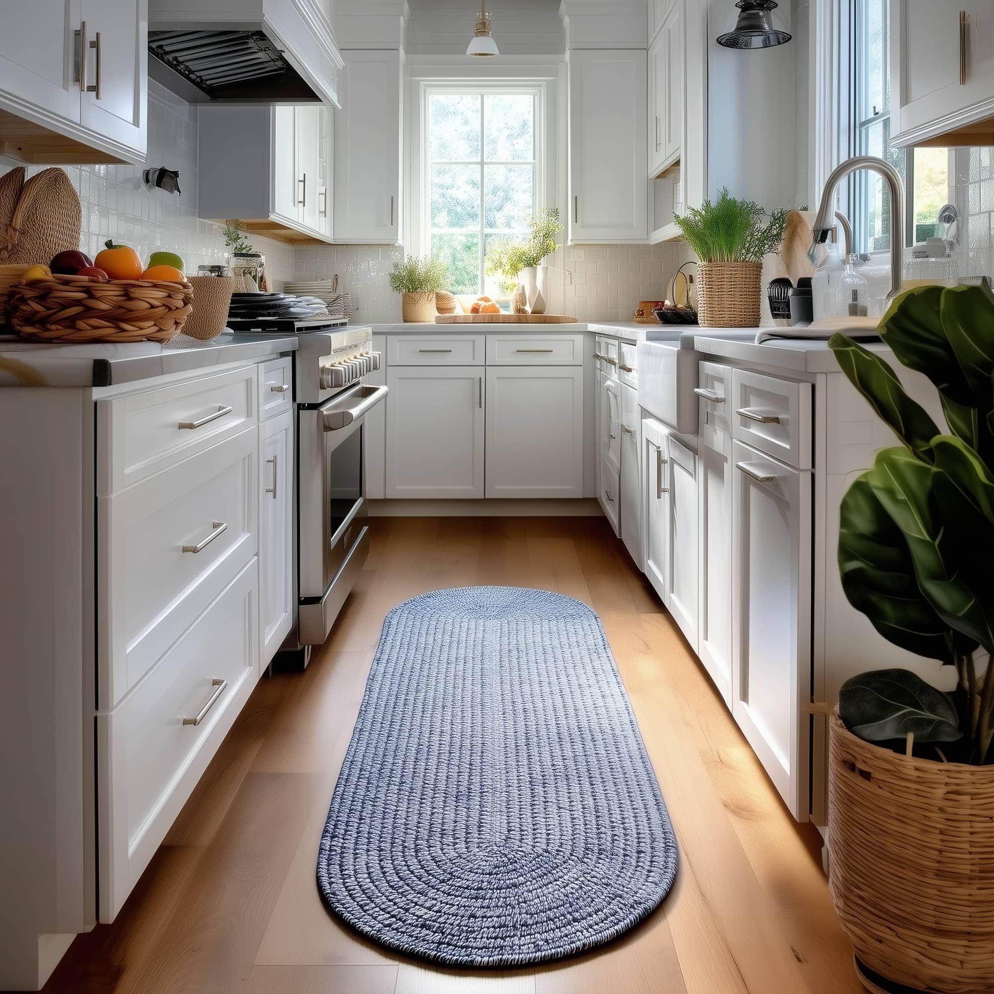 Navy Blue, White Braided Indoor Outdoor Polypropylene Rug 2' X 6' #shape_Runner