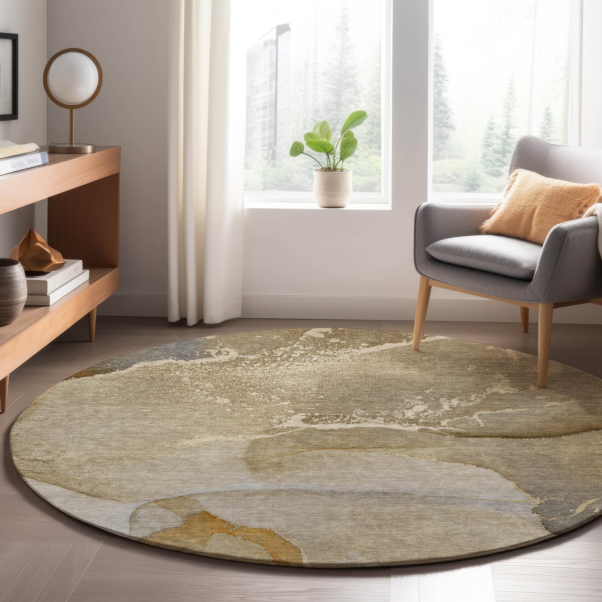 Luxury Washable Indoor/Outdoor Transitional OY10 Chocolate Brown Rug 8' x 8' #shape_Round