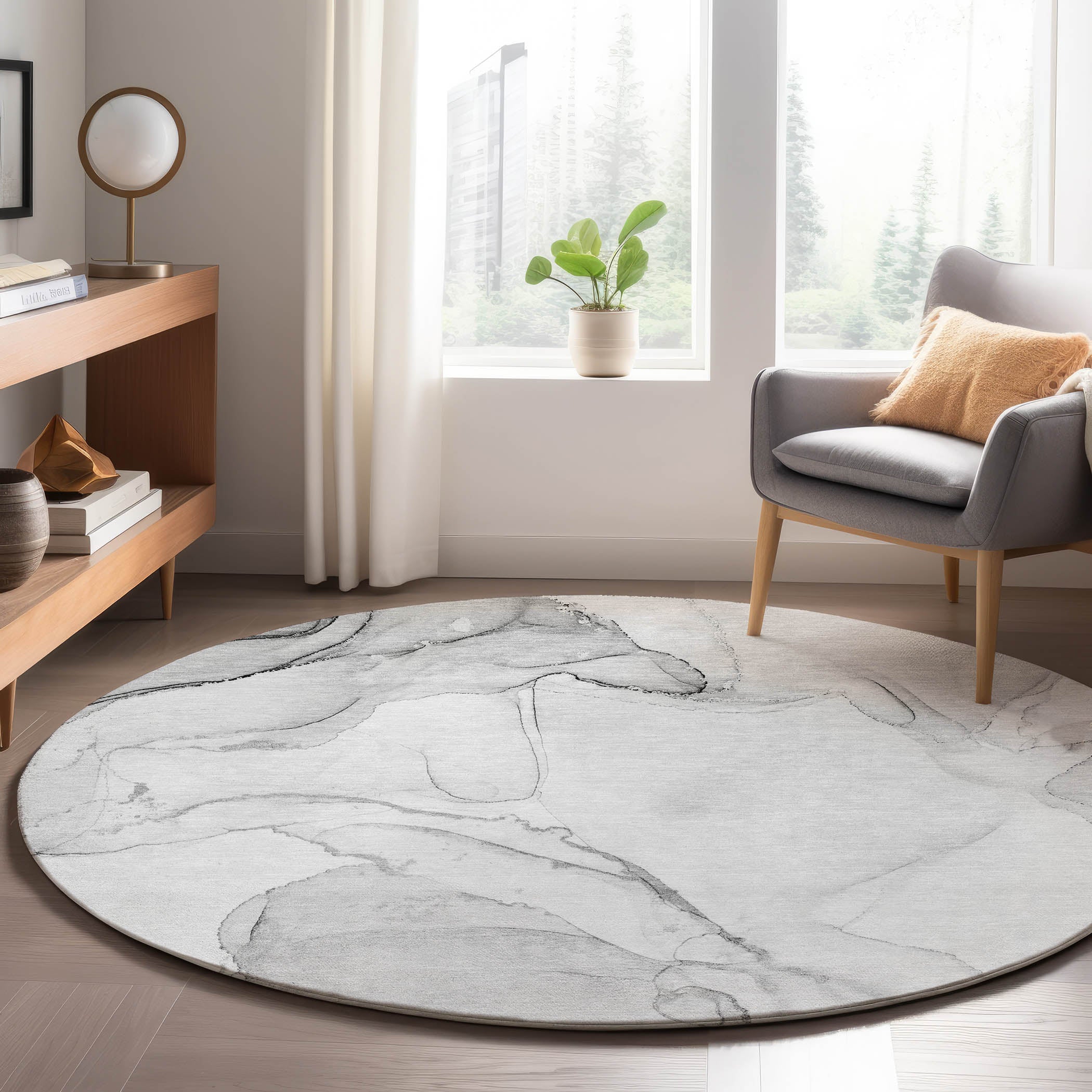 Luxury Washable Indoor/Outdoor Transitional OY13 Gray Rug 8' x 8' #shape_Round