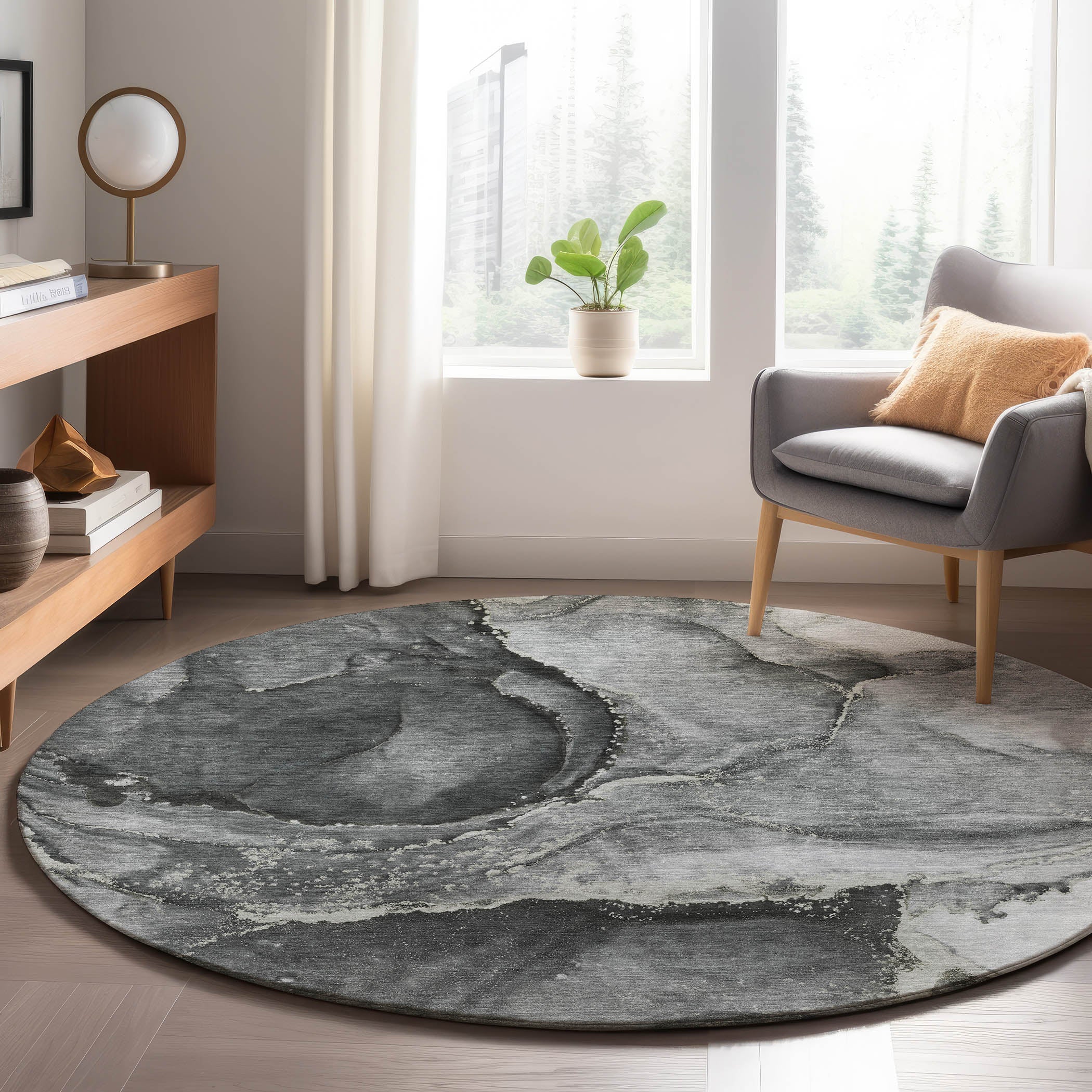 Luxury Washable Indoor/Outdoor Transitional OY14 Charcoal Gray Rug 8' x 8' #shape_Round
