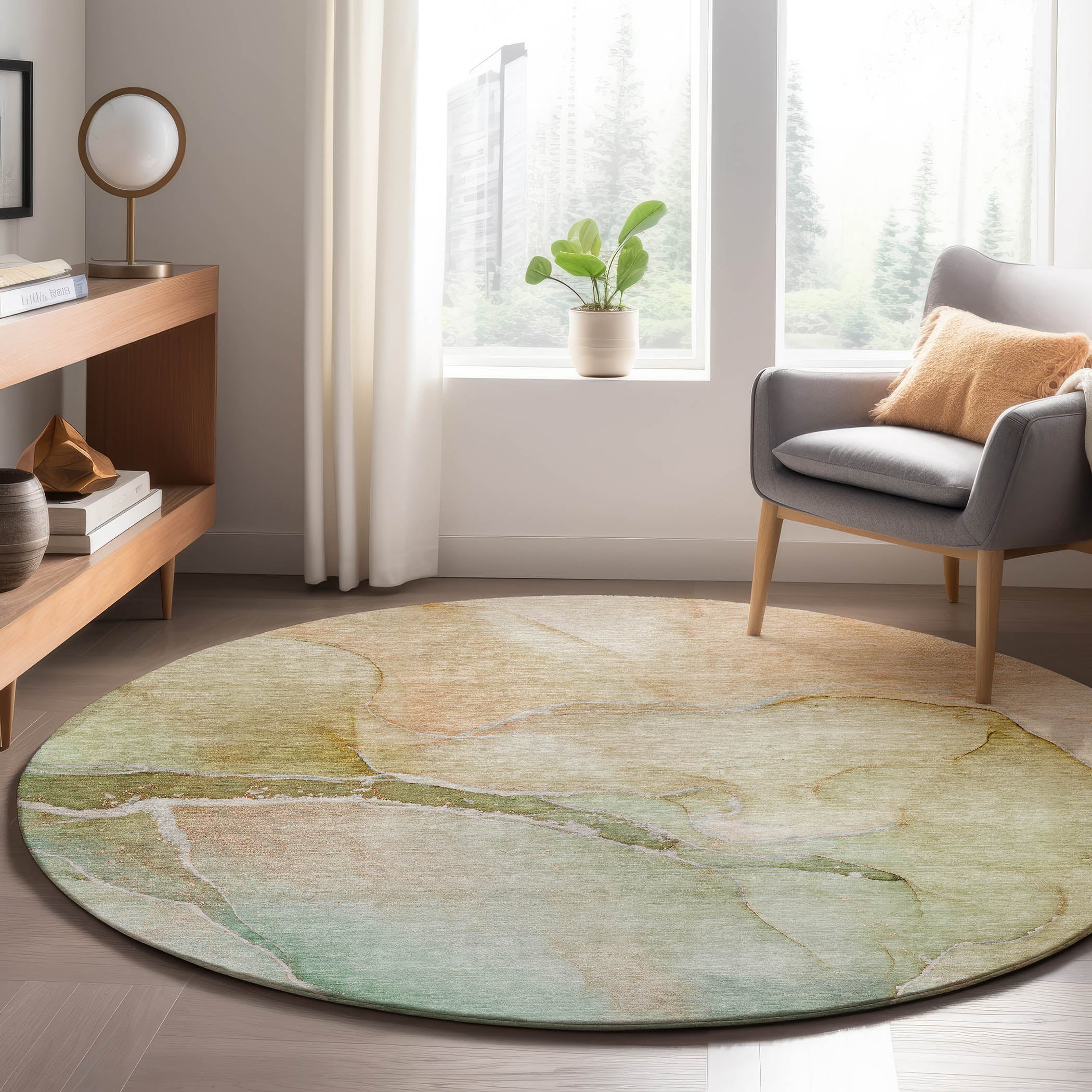 Luxury Washable Indoor/Outdoor Transitional OY6 Taupe Brown Rug 8' x 8' #shape_Round