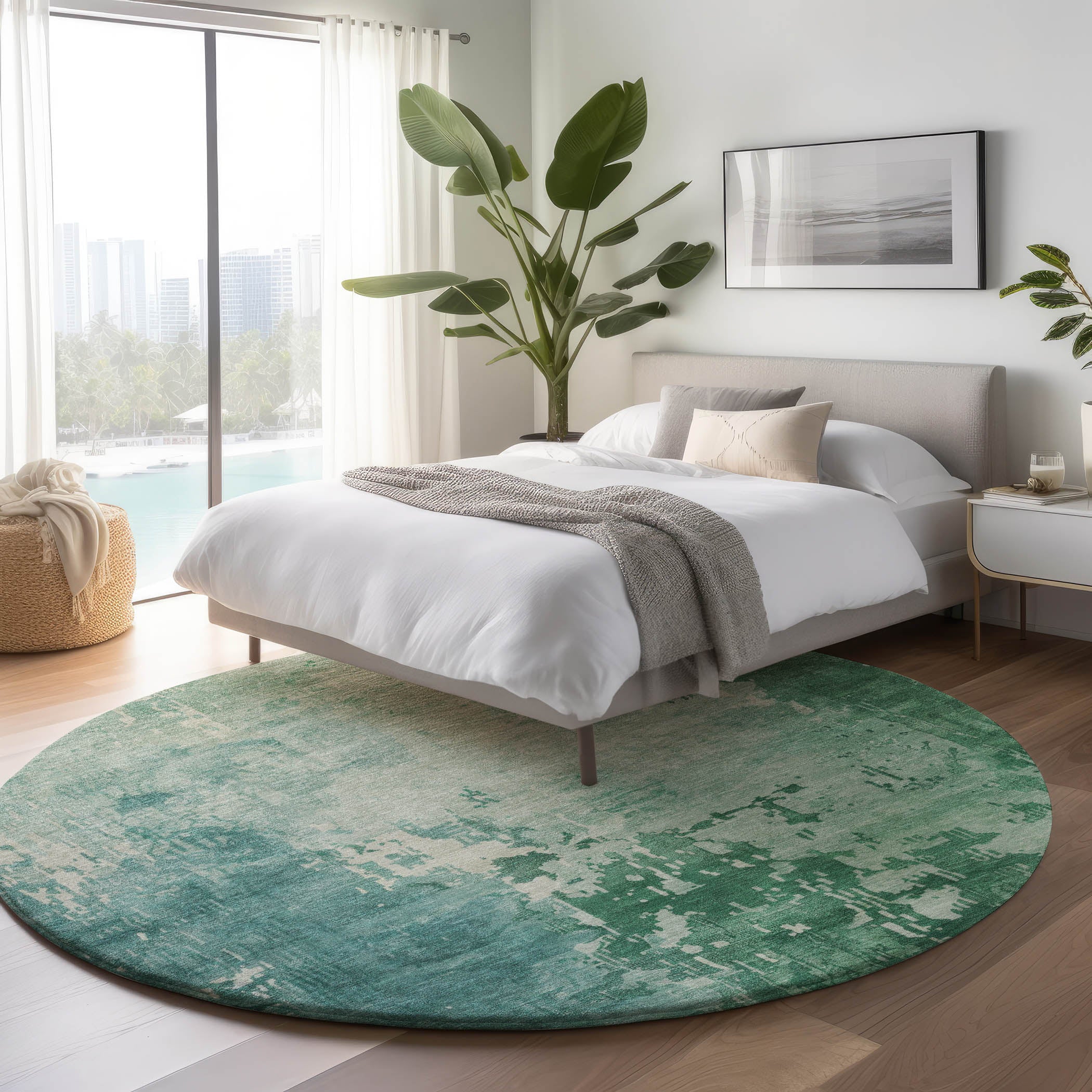 Luxury Machine Washable Indoor/Outdoor Transitional PA11 Emerald Green Rug 8' x 8' #shape_Round
