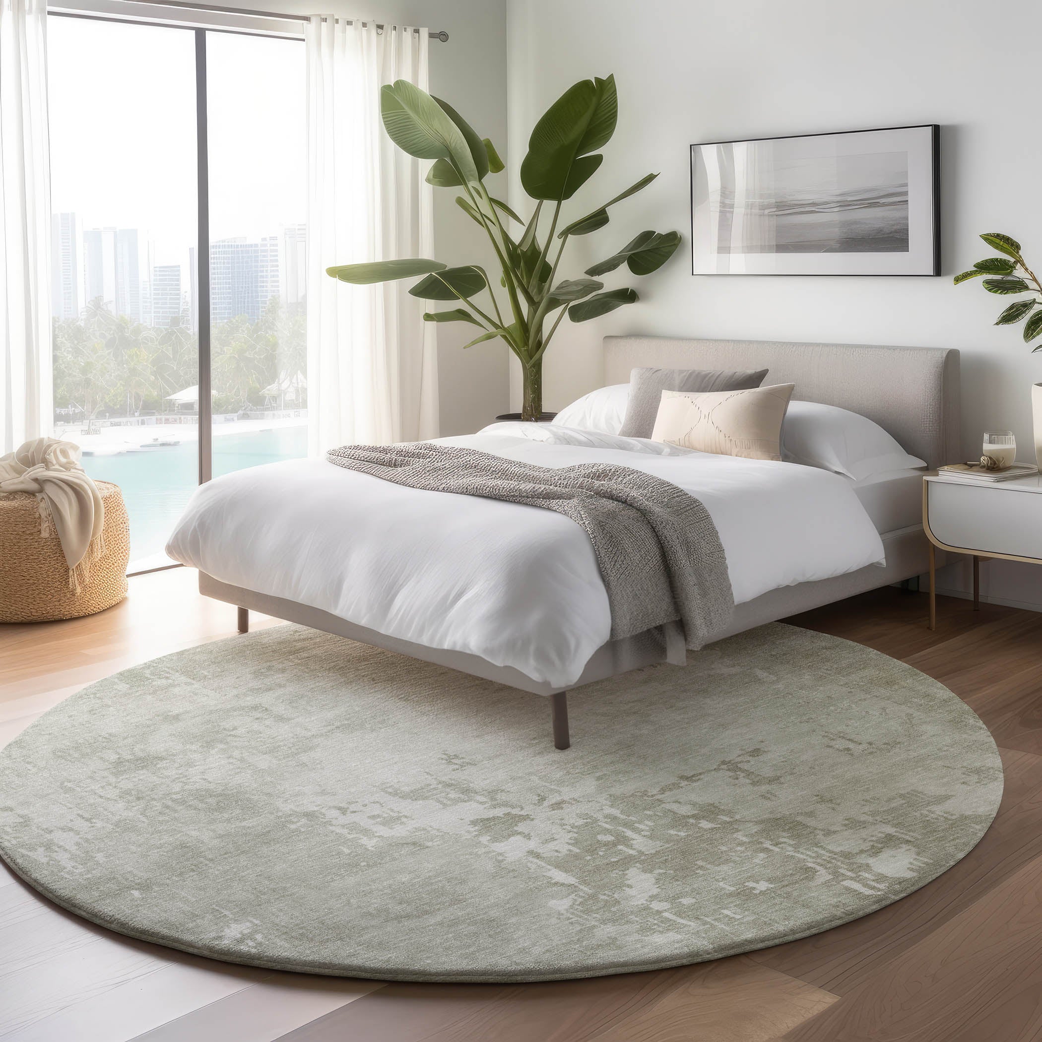 Luxury Machine Washable Indoor/Outdoor Transitional PA11 Linen Brown Rug 8' x 8' #shape_Round