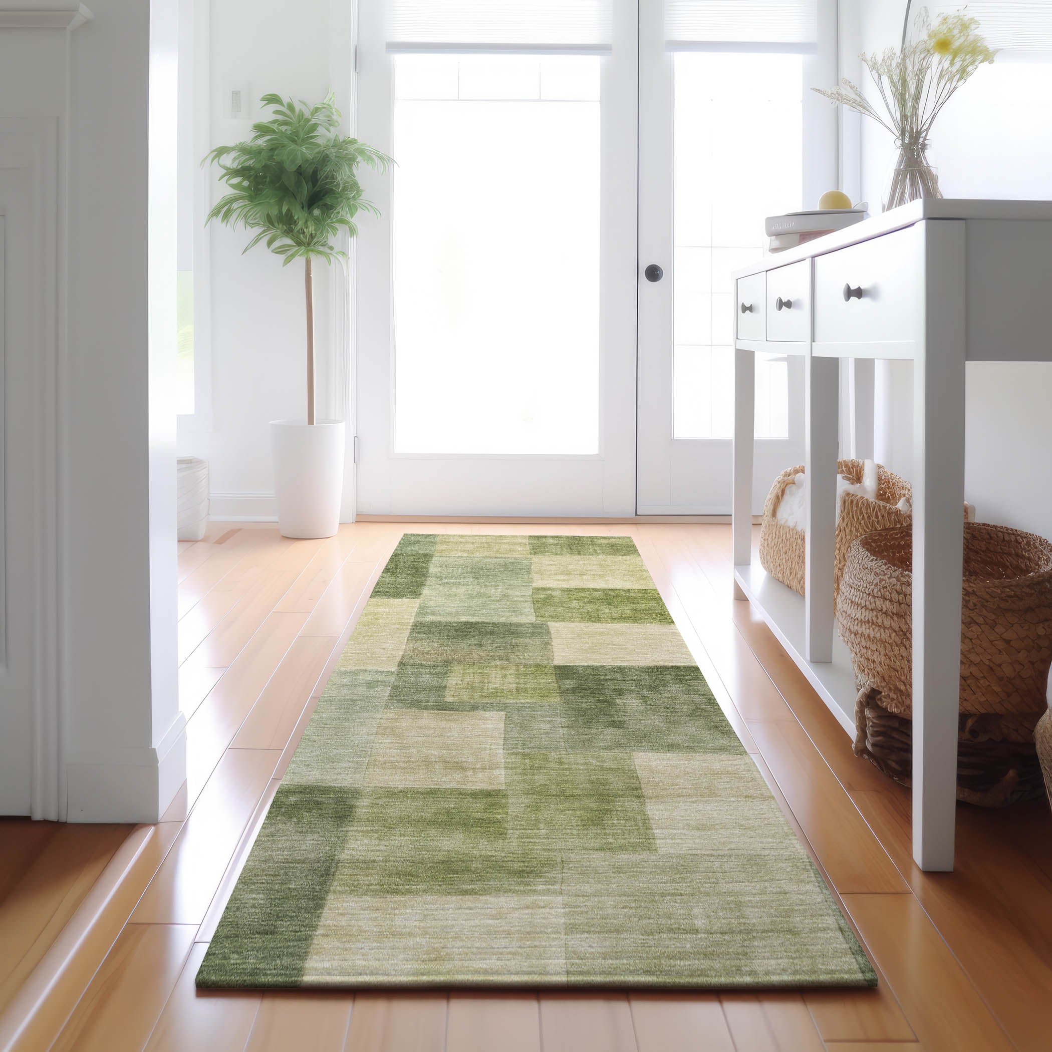 Luxury Machine Washable Indoor/Outdoor Transitional PA12 Aloe Green Rug 2'3" x 7'6" #shape_Runner