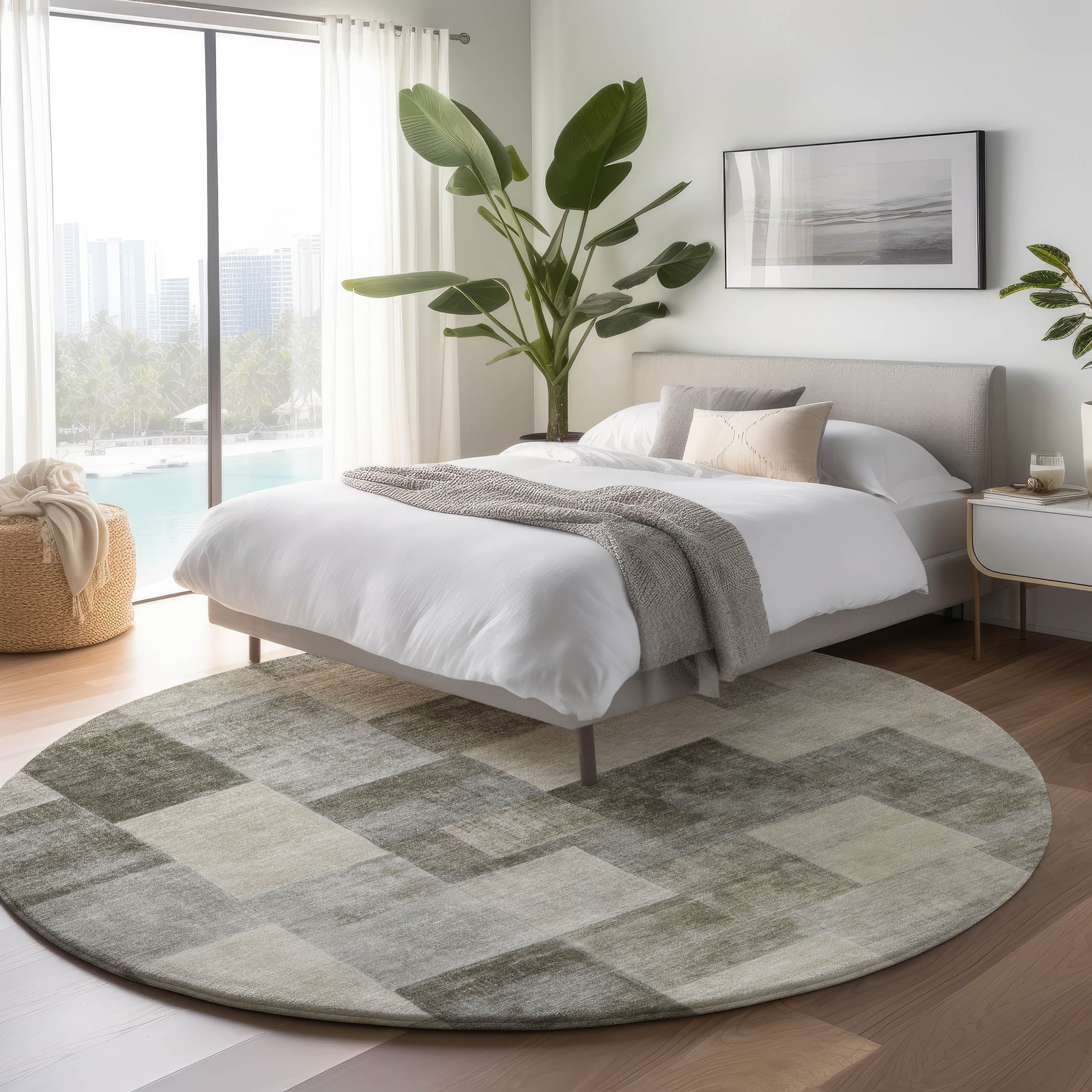 Luxury Machine Washable Indoor/Outdoor Transitional PA12 Taupe Brown Rug 8' x 8' #shape_Round