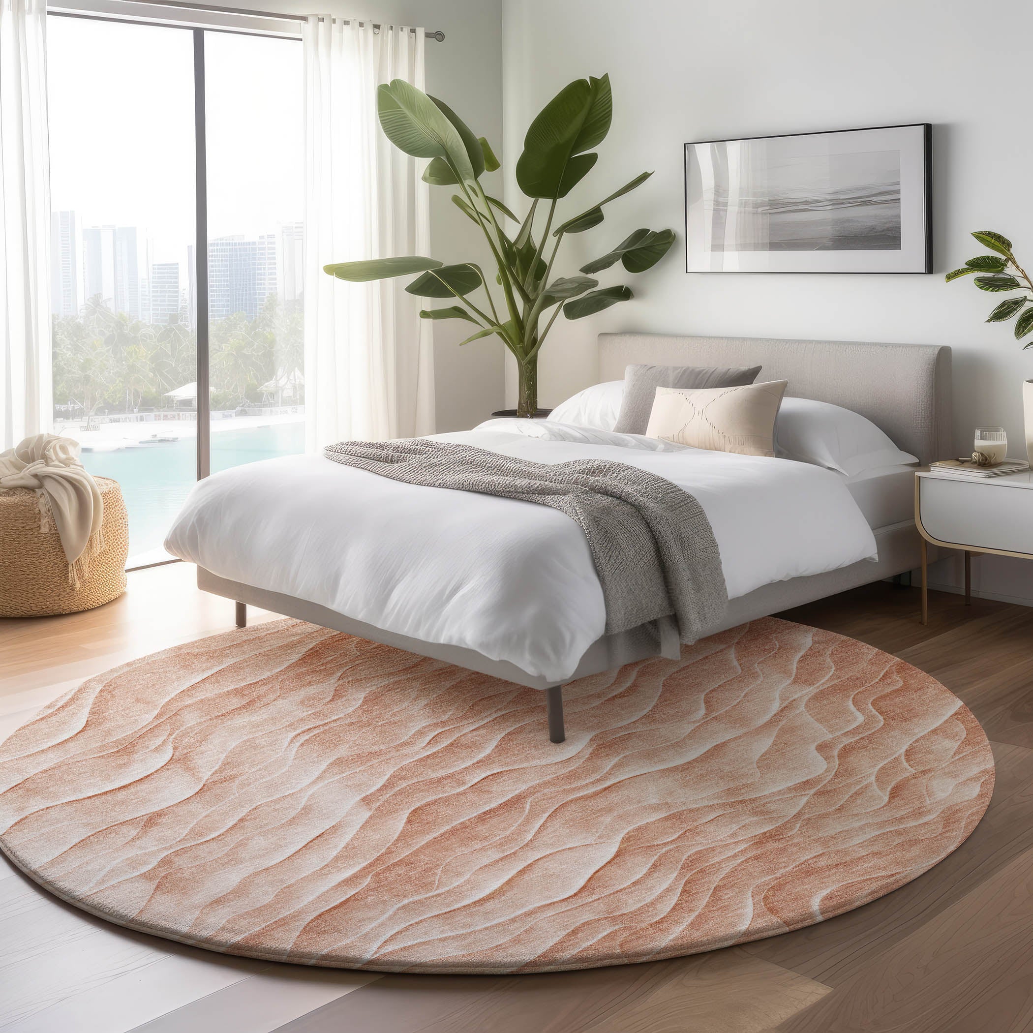 Luxury Machine Washable Indoor/Outdoor Transitional PA1 Coral Orange Rug 8' x 8' #shape_Round