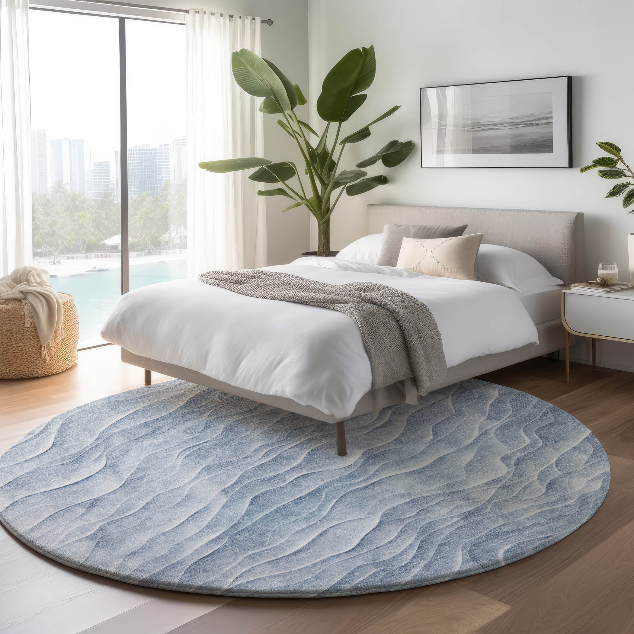 Luxury Machine Washable Indoor/Outdoor Transitional PA1 Denim Blue Rug 8' x 8' #shape_Round