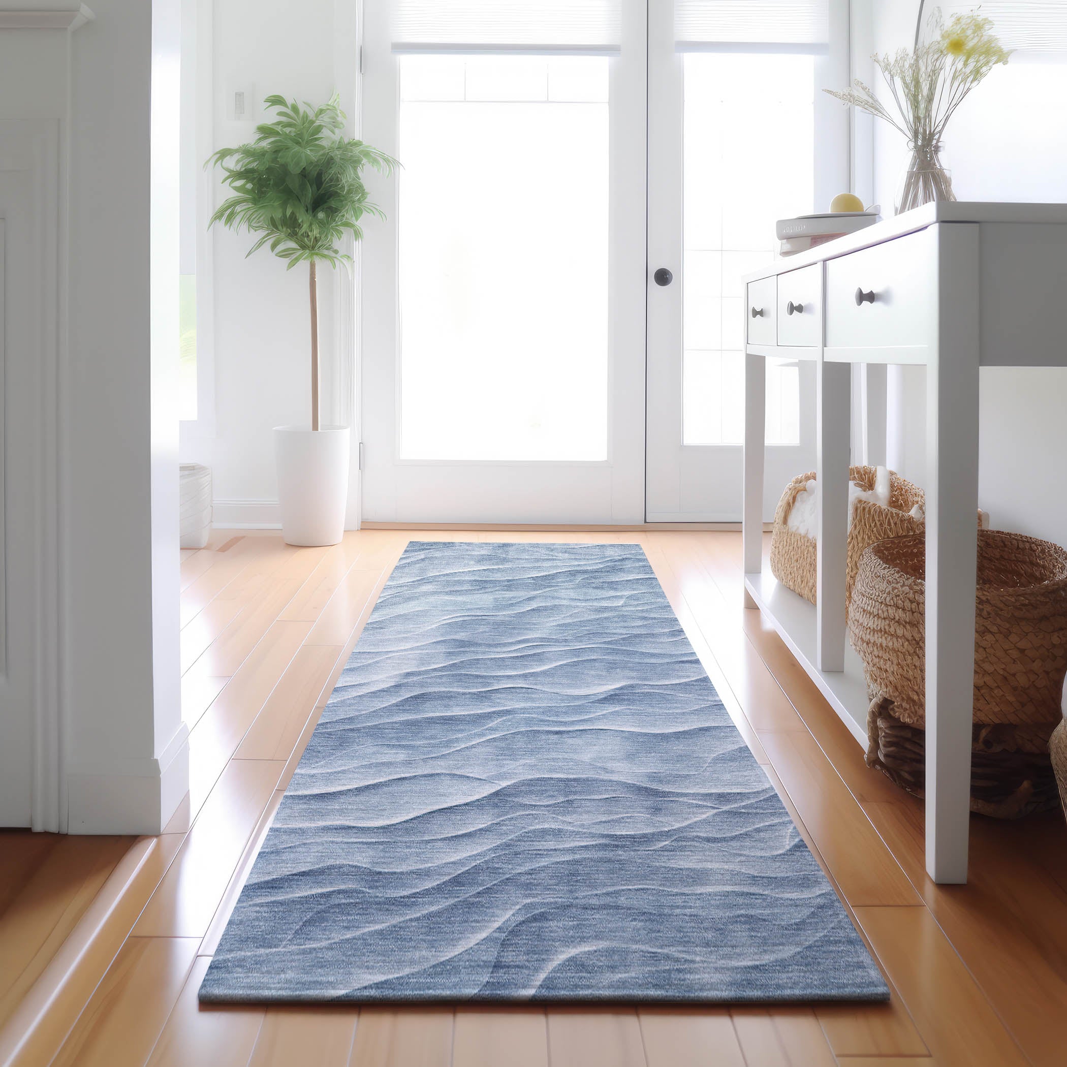 Luxury Machine Washable Indoor/Outdoor Transitional PA1 Denim Blue Rug 2'3" x 7'6" #shape_Runner