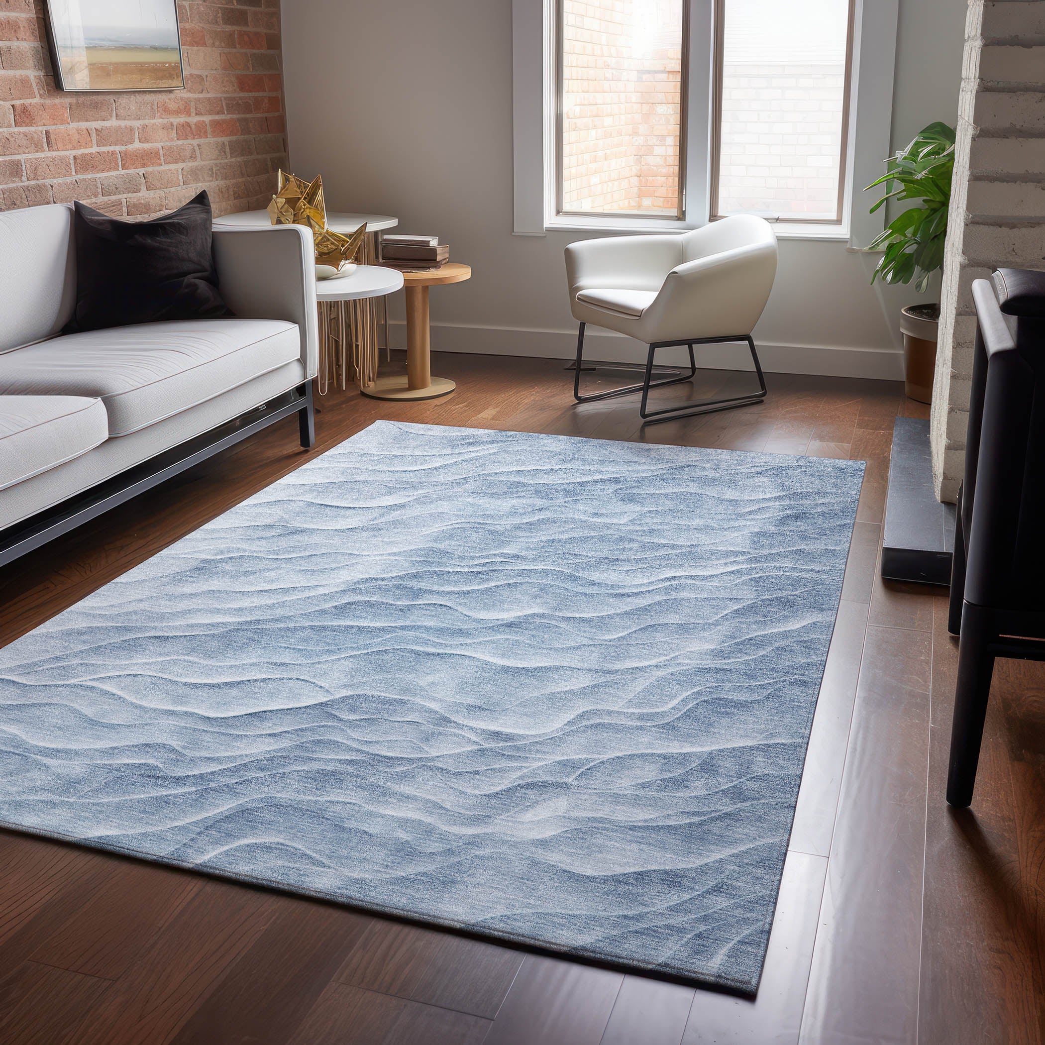 Luxury Machine Washable Indoor/Outdoor Transitional PA1 Denim Blue Rug 2'6" x 3'10" #shape_Rectangle