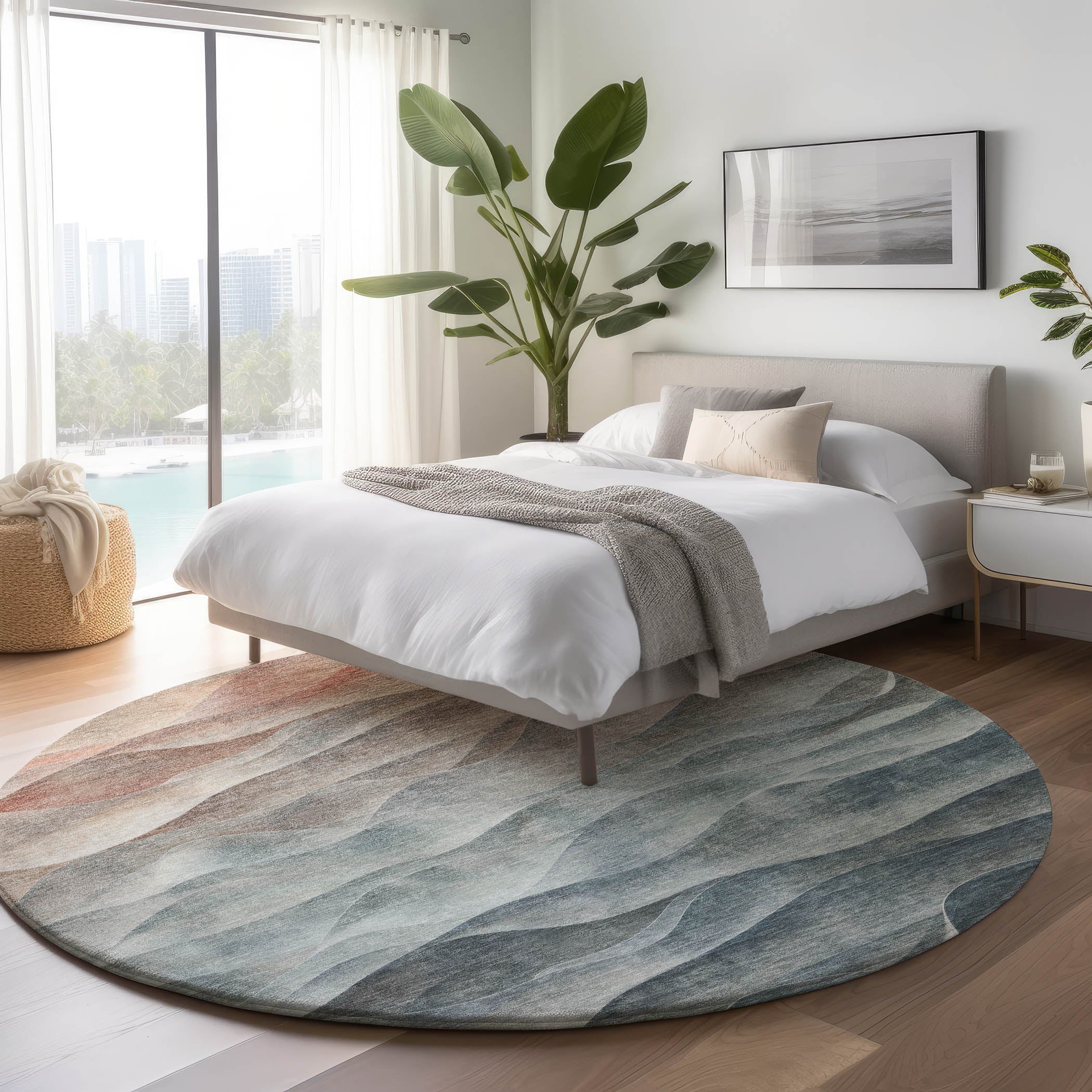 Luxury Machine Washable Indoor/Outdoor Transitional PA2 Teal Rug 8' x 8' #shape_Round