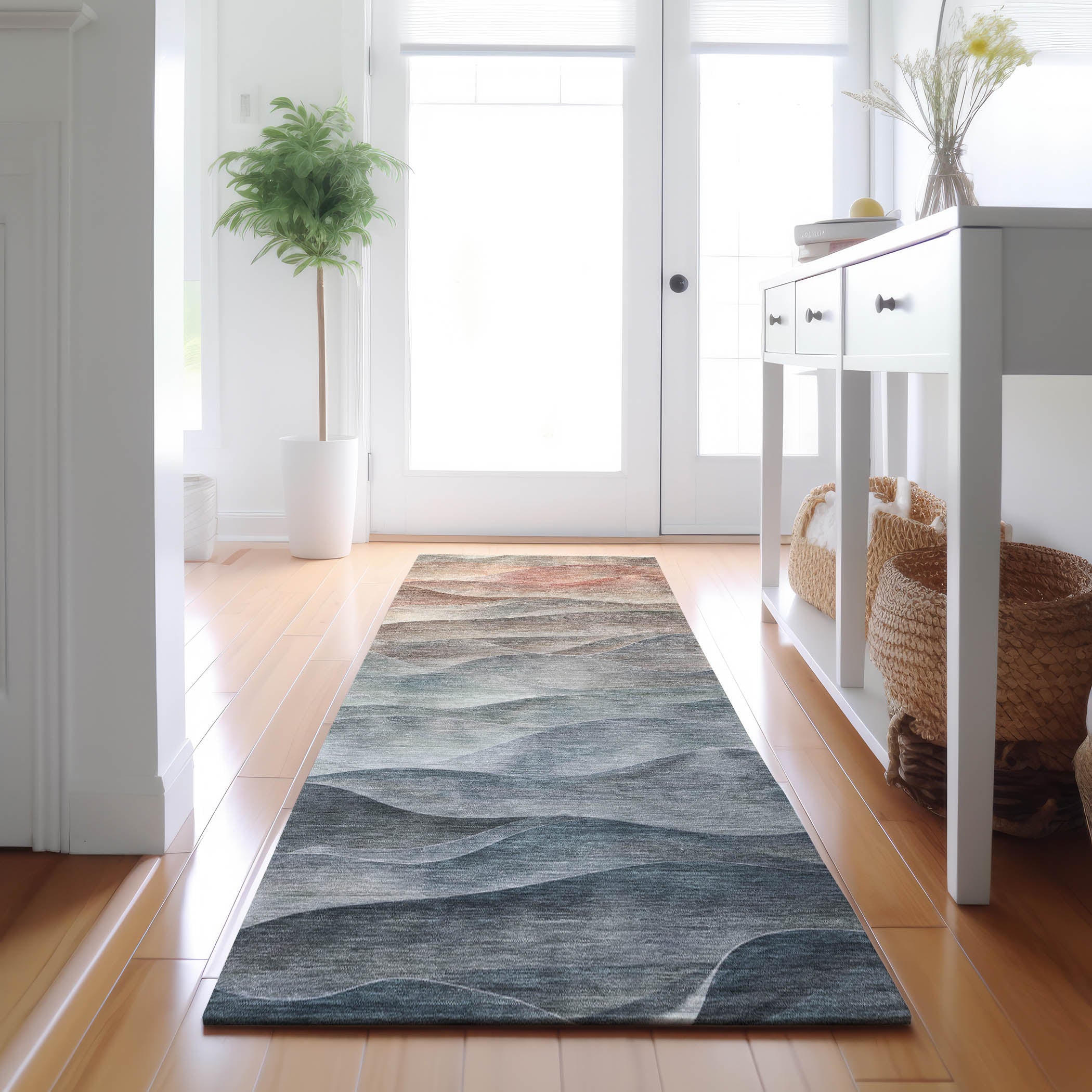 Luxury Machine Washable Indoor/Outdoor Transitional PA2 Teal Rug 2'3" x 7'6" #shape_Runner