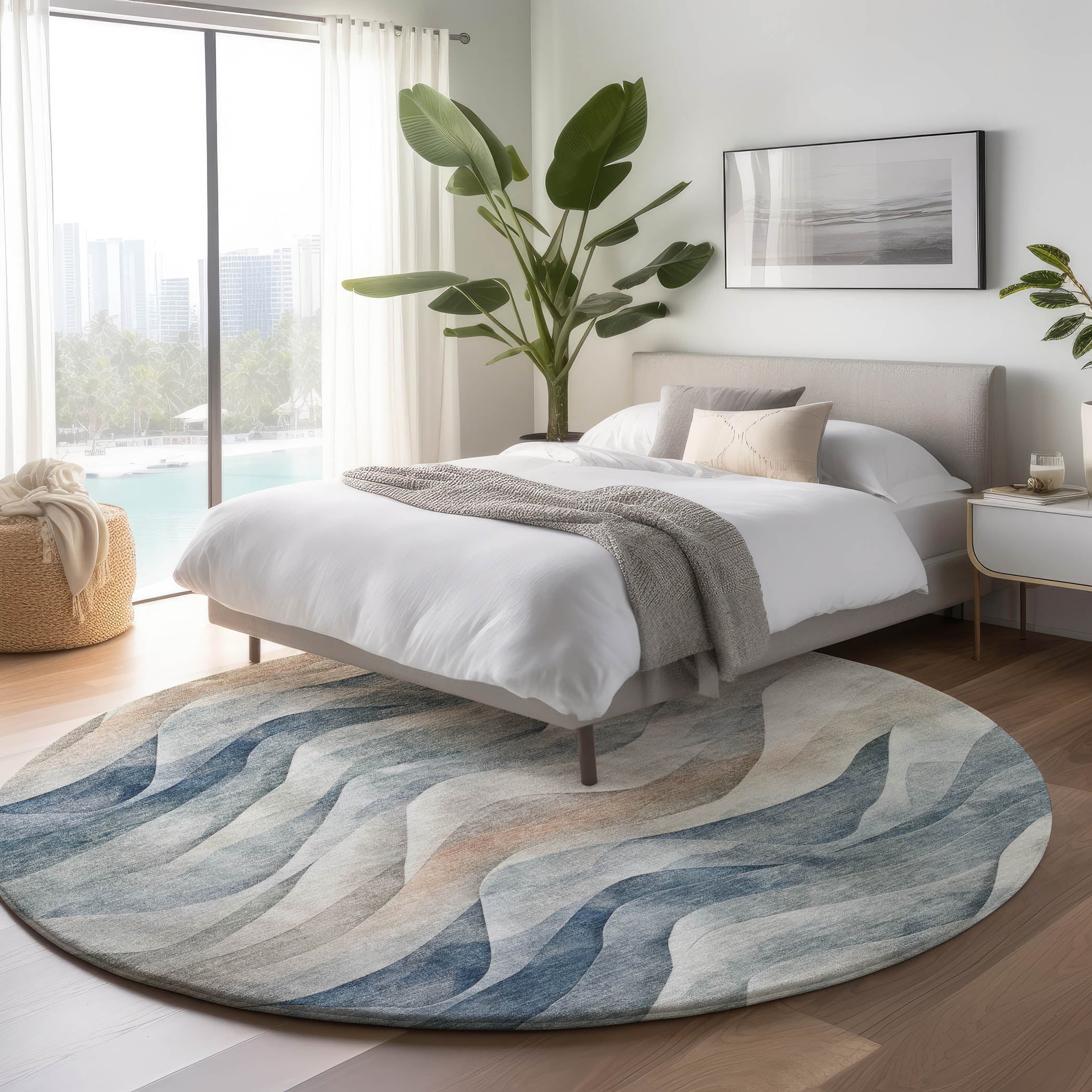 Luxury Machine Washable Indoor/Outdoor Transitional PA3 Blue Rug 8' x 8' #shape_Round