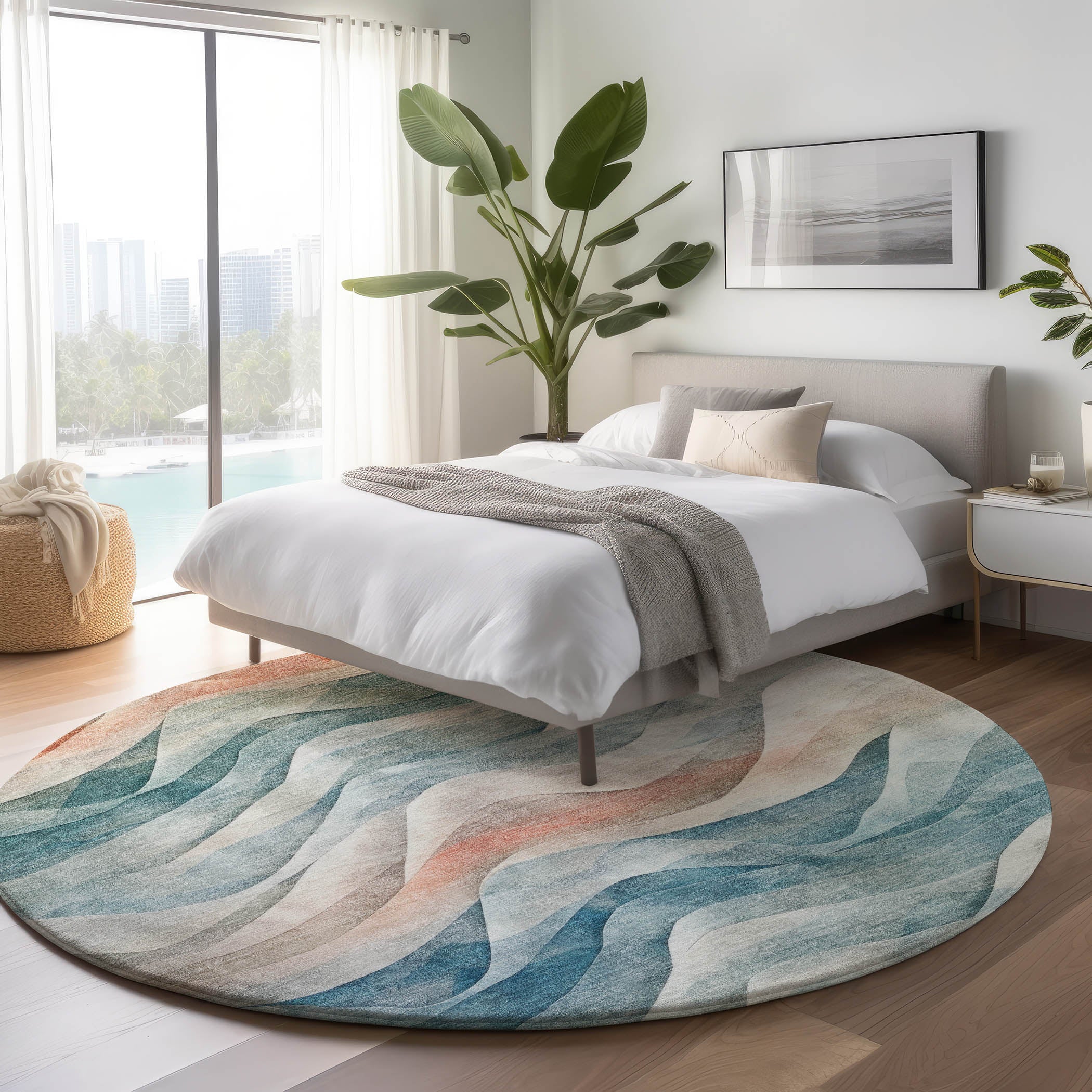 Luxury Machine Washable Indoor/Outdoor Transitional PA3 Teal Rug 8' x 8' #shape_Round