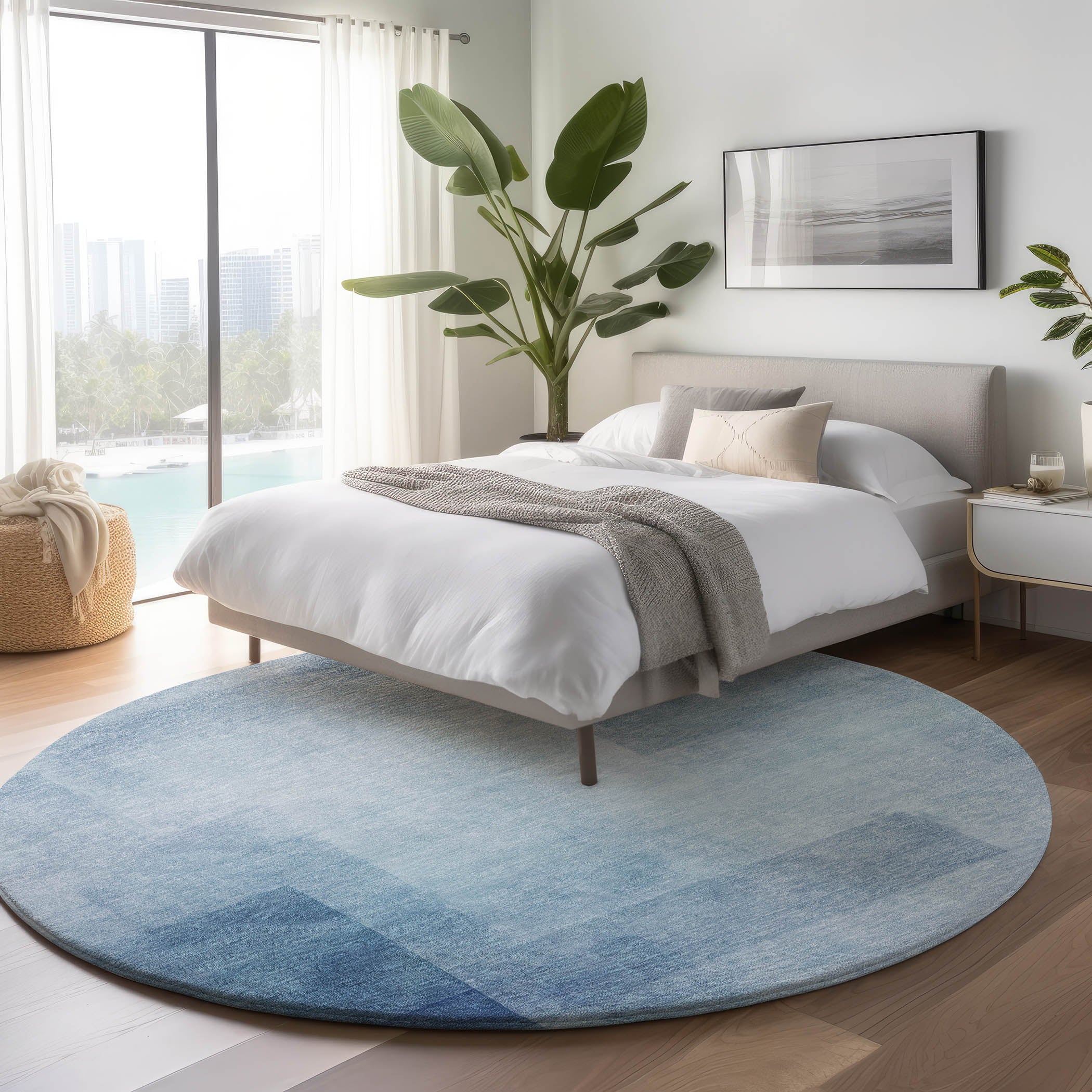 Luxury Machine Washable Indoor/Outdoor Transitional PA5 Blue Rug 8' x 8' #shape_Round