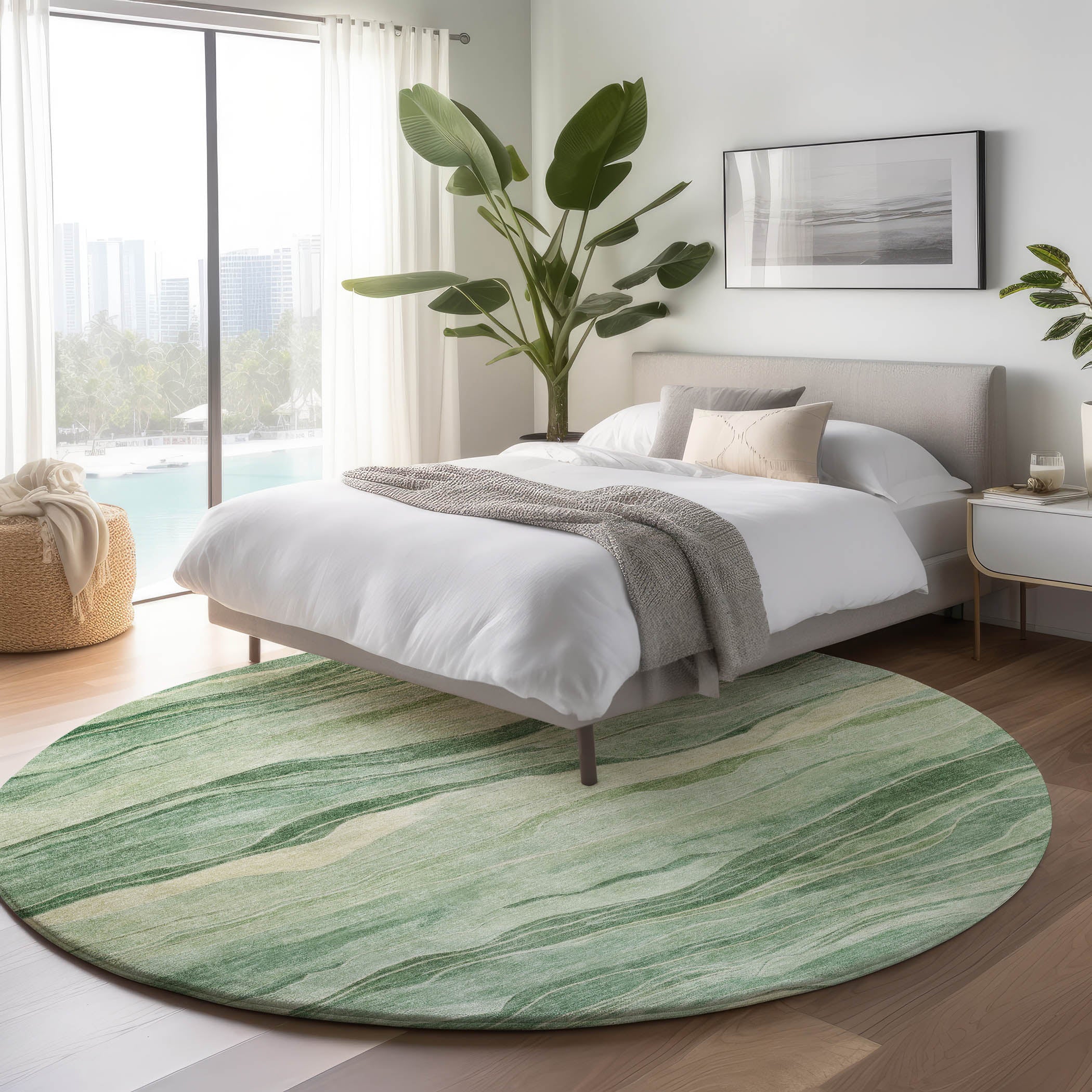 Luxury Machine Washable Indoor/Outdoor Transitional PA6 Green Rug 8' x 8' #shape_Round