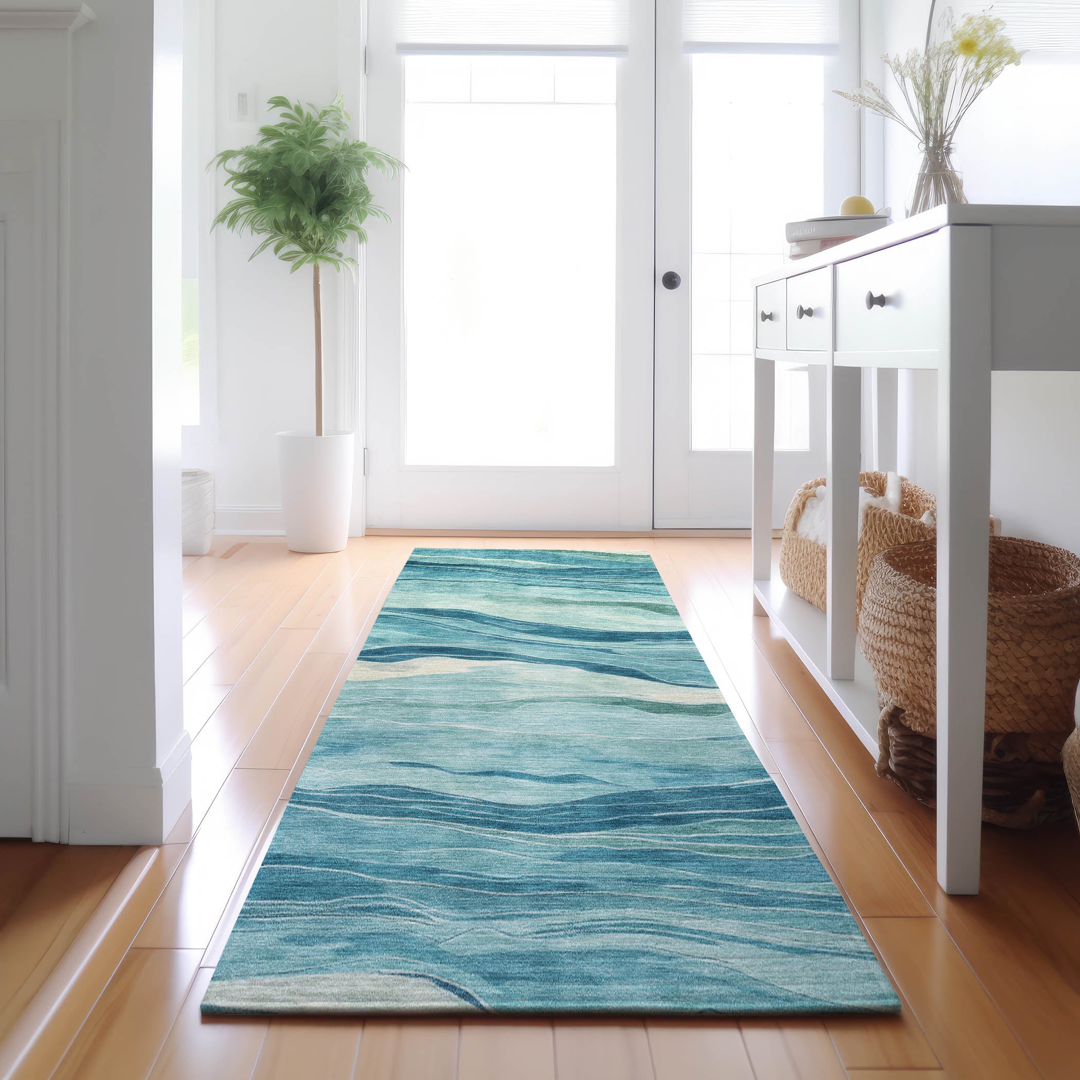 Luxury Machine Washable Indoor/Outdoor Transitional PA6 Turquoise Teal Rug 2'3" x 7'6" #shape_Runner