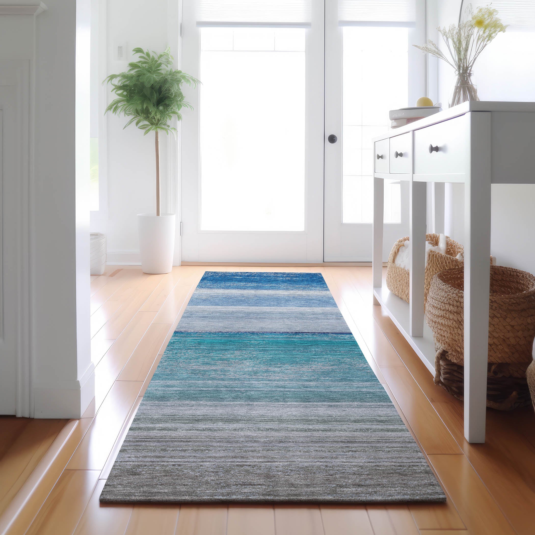 Luxury Machine Washable Indoor/Outdoor Transitional PA7 Sky Blue Rug 2'3" x 7'6" #shape_Runner