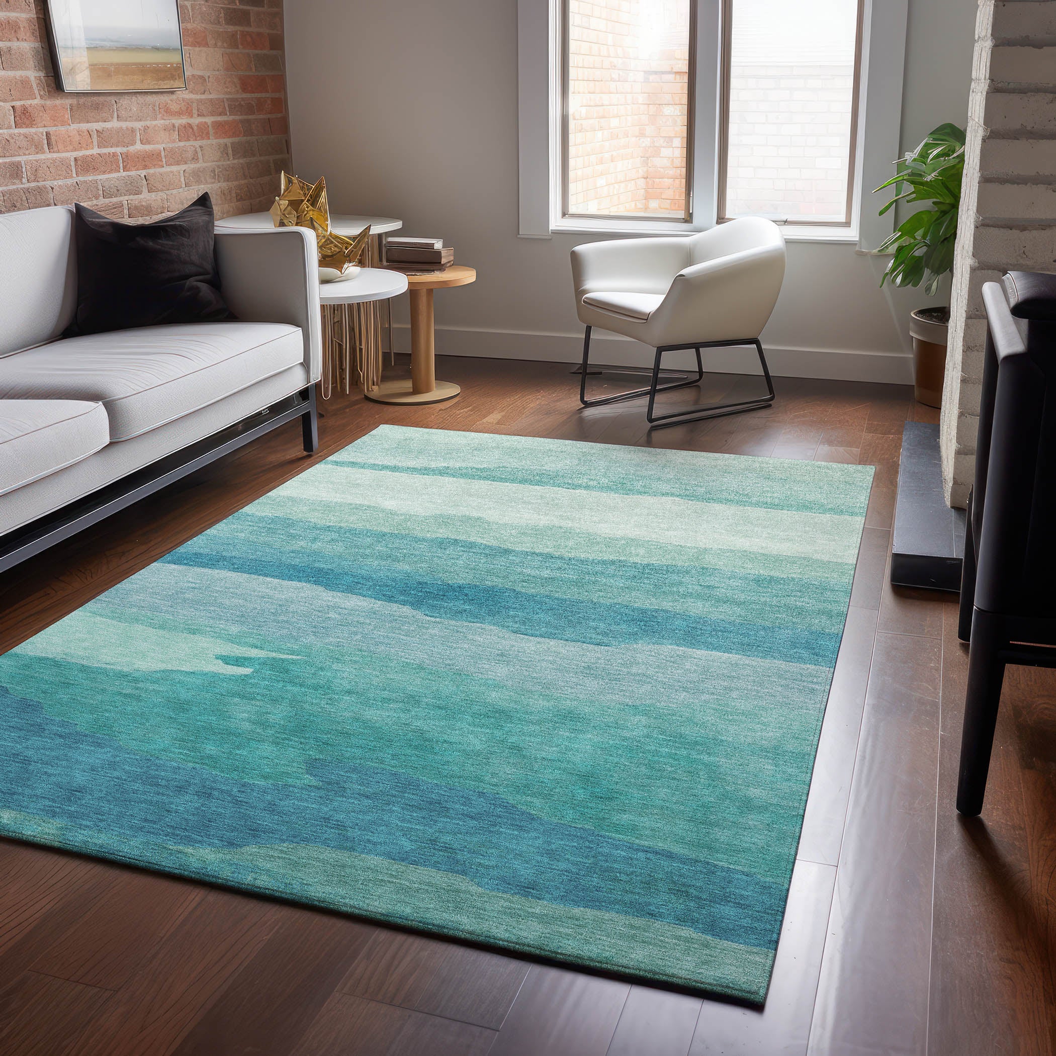Luxury Machine Washable Indoor/Outdoor Transitional PA9 Turquoise Teal Rug 2'6" x 3'10" #shape_Rectangle