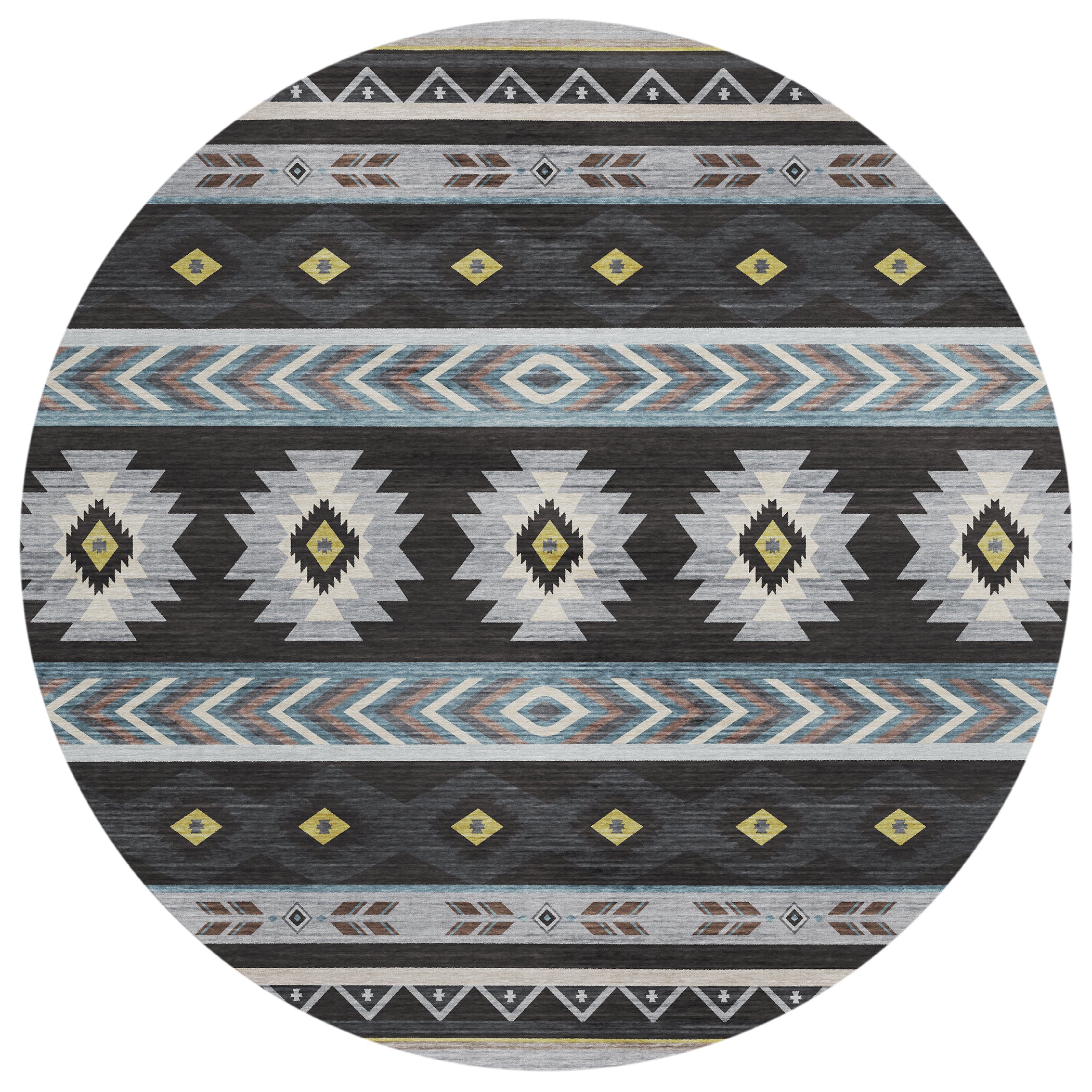 Luxury Machine Washable Indoor/Outdoor Southwestern PH3 Black Rug 8' x 8' #shape_Round