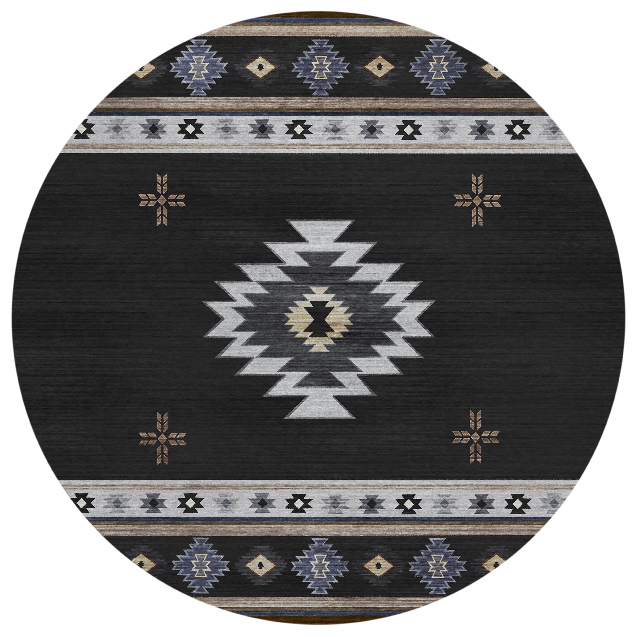 Luxury Machine Washable Indoor/Outdoor Southwestern PH4 Black Rug 8' x 8' #shape_Round
