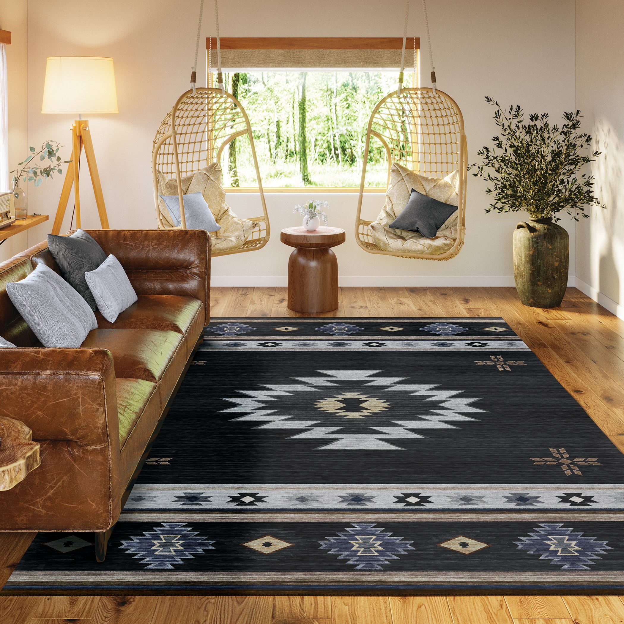 Luxury Machine Washable Indoor/Outdoor Southwestern PH4 Black Rug 1'8" x 2'6" #shape_Rectangle