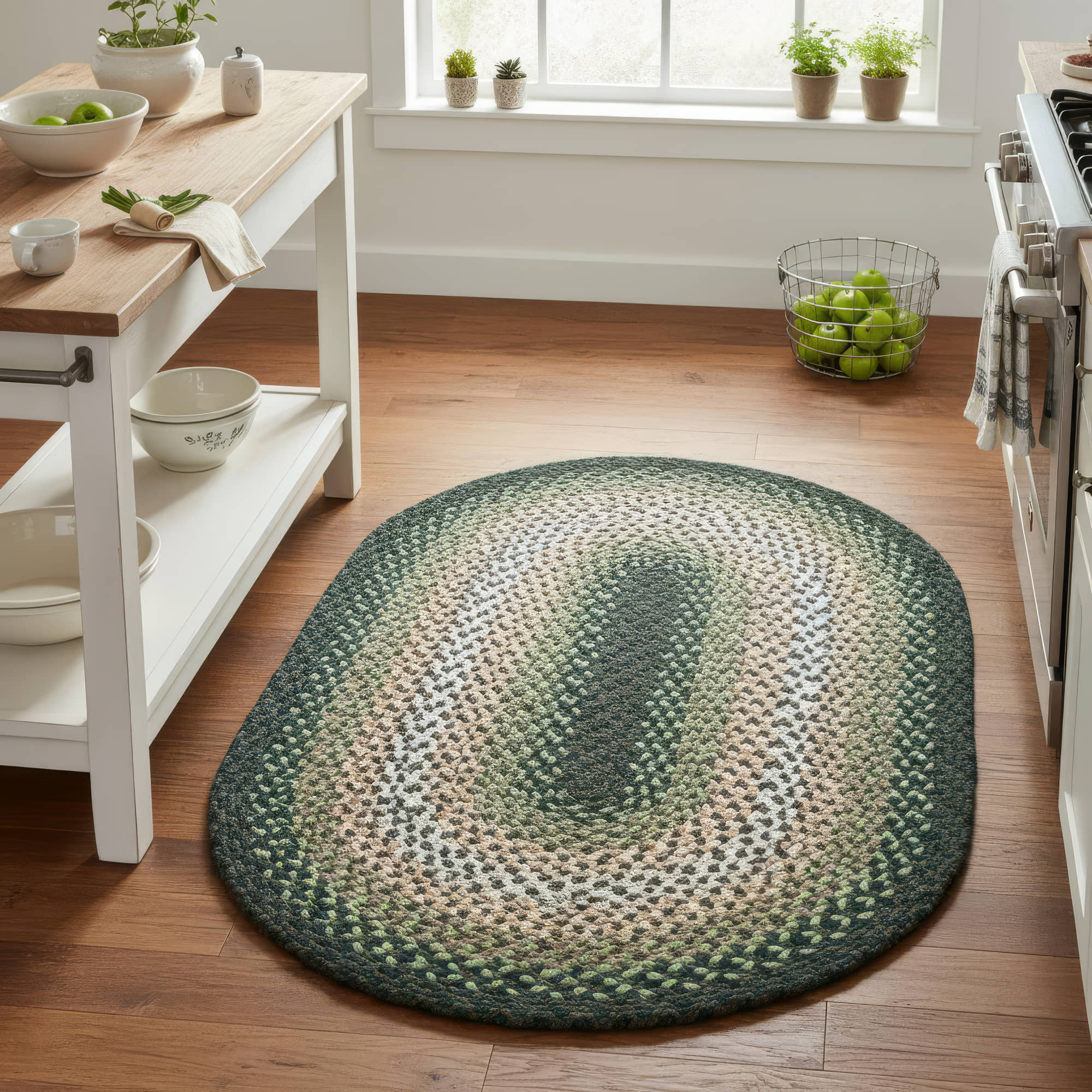 Green Charming Braided Rug for Farmhouse Living Rooms and Bedroom