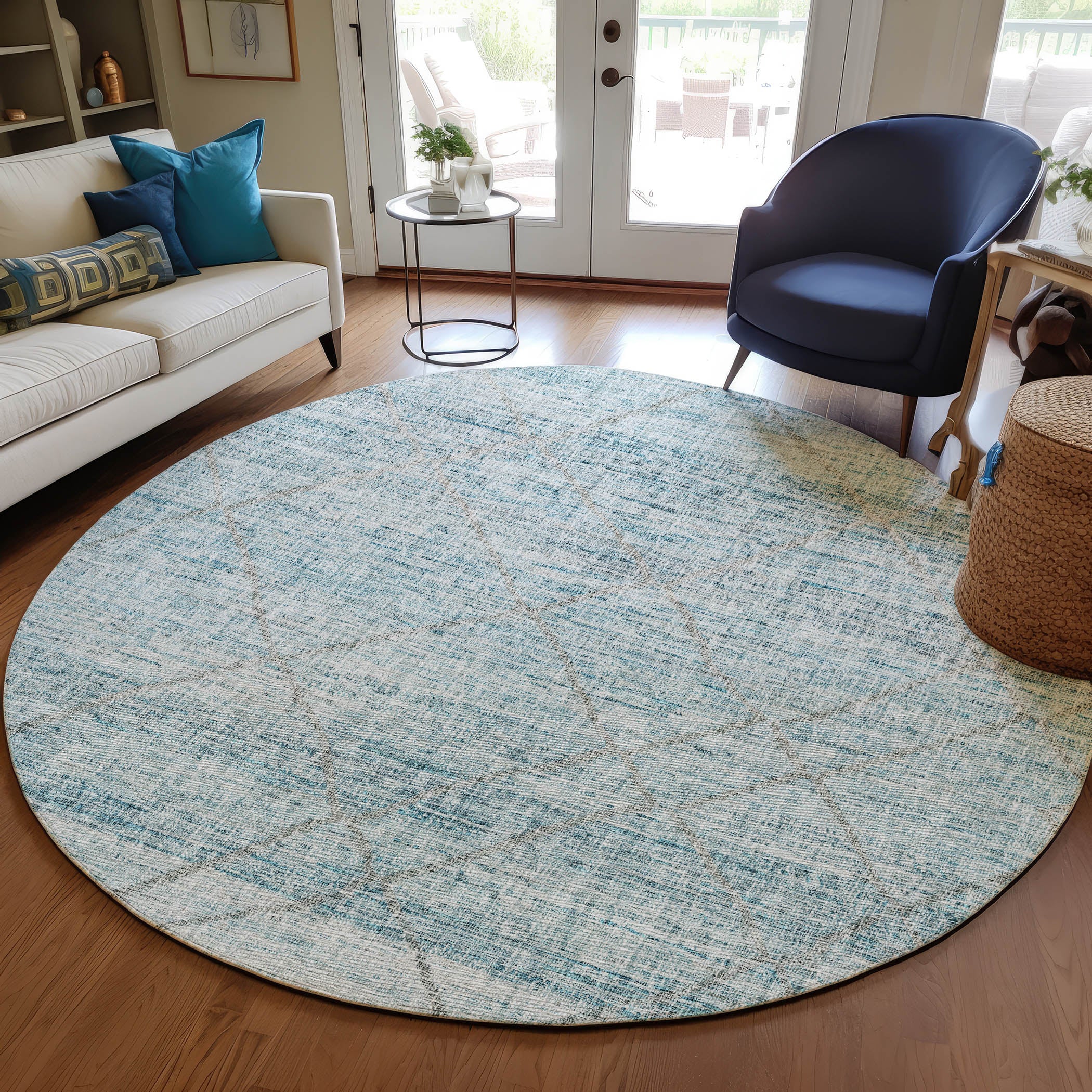 Luxury Washable Indoor/Outdoor Transitional PO1 Teal Rug 8' x 8' #shape_Rectangle