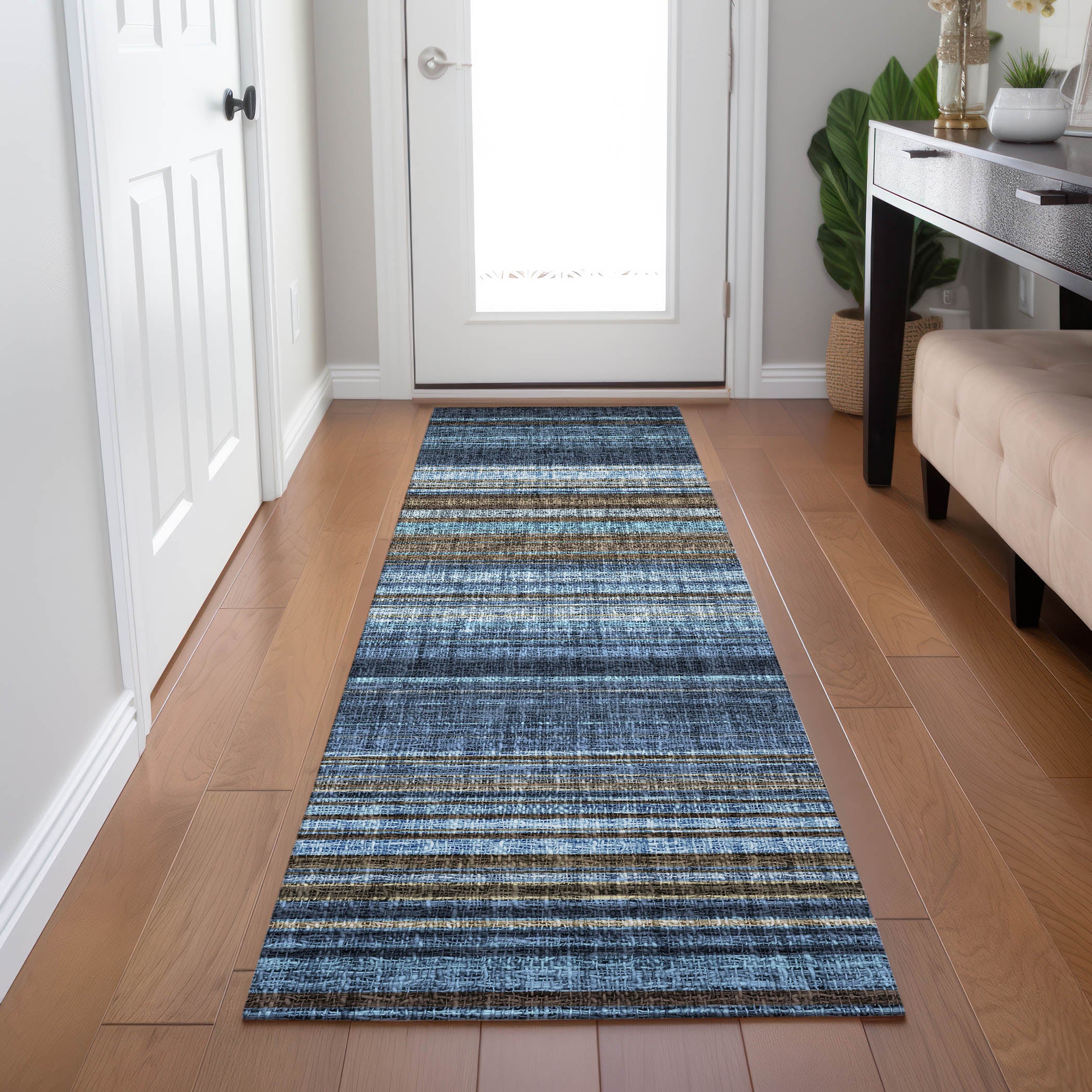 Luxury Washable Indoor/Outdoor Transitional PO2 Navy Blue Rug 2'3" x 7'6" #shape_Runner