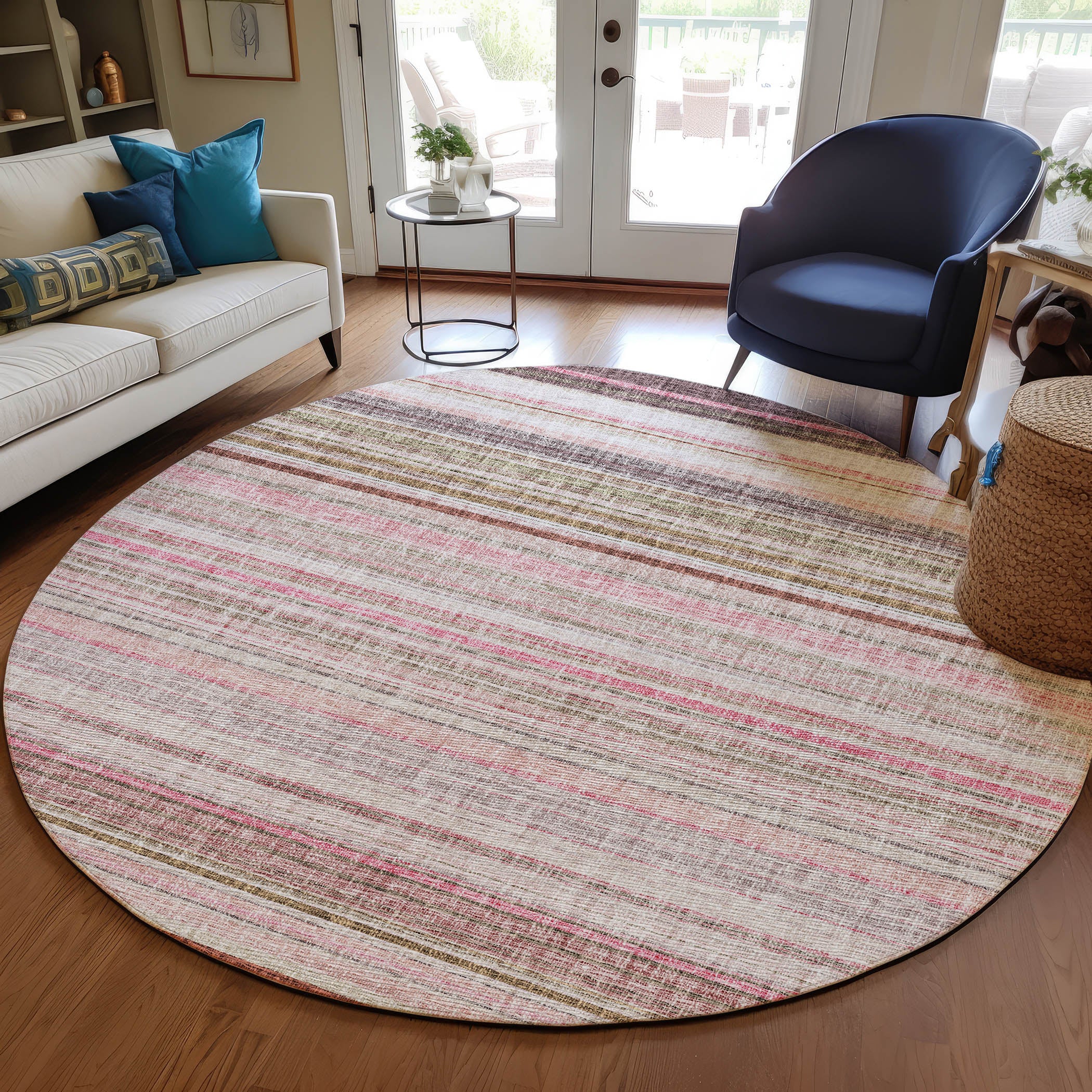 Luxury Washable Indoor/Outdoor Transitional PO2 Pink Rug 8' x 8' #shape_Rectangle