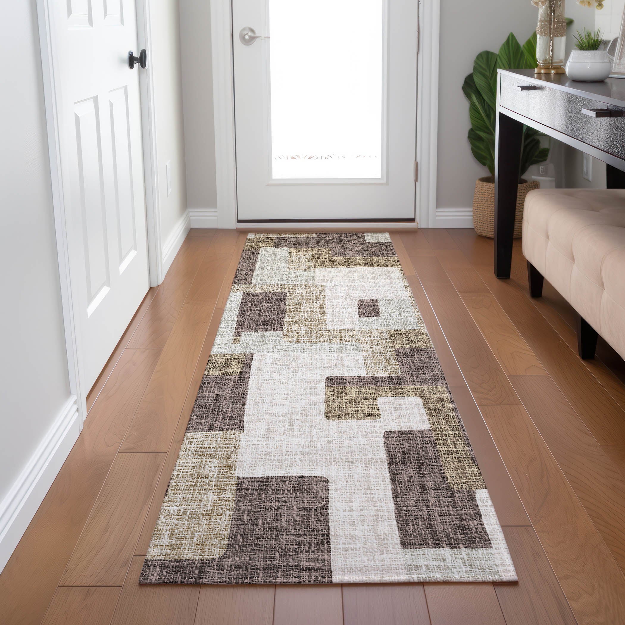 Luxury Washable Indoor/Outdoor Transitional PO3 Brown Rug 2'3" x 7'6" #shape_Runner
