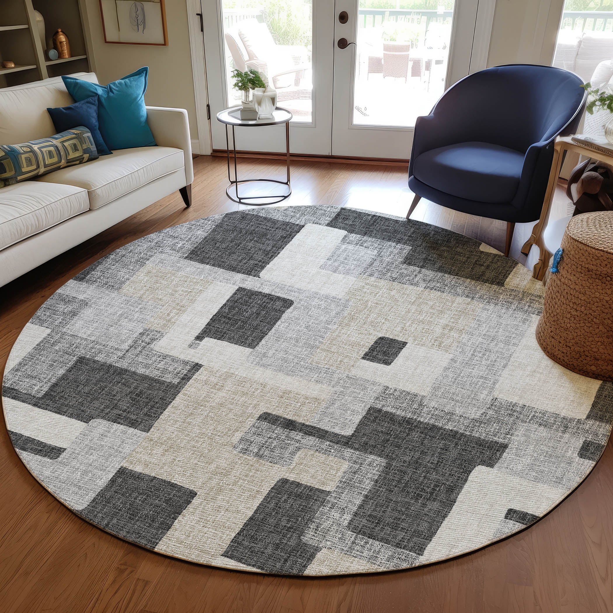 Luxury Washable Indoor/Outdoor Transitional PO3 Gray Rug 8' x 8' #shape_Rectangle