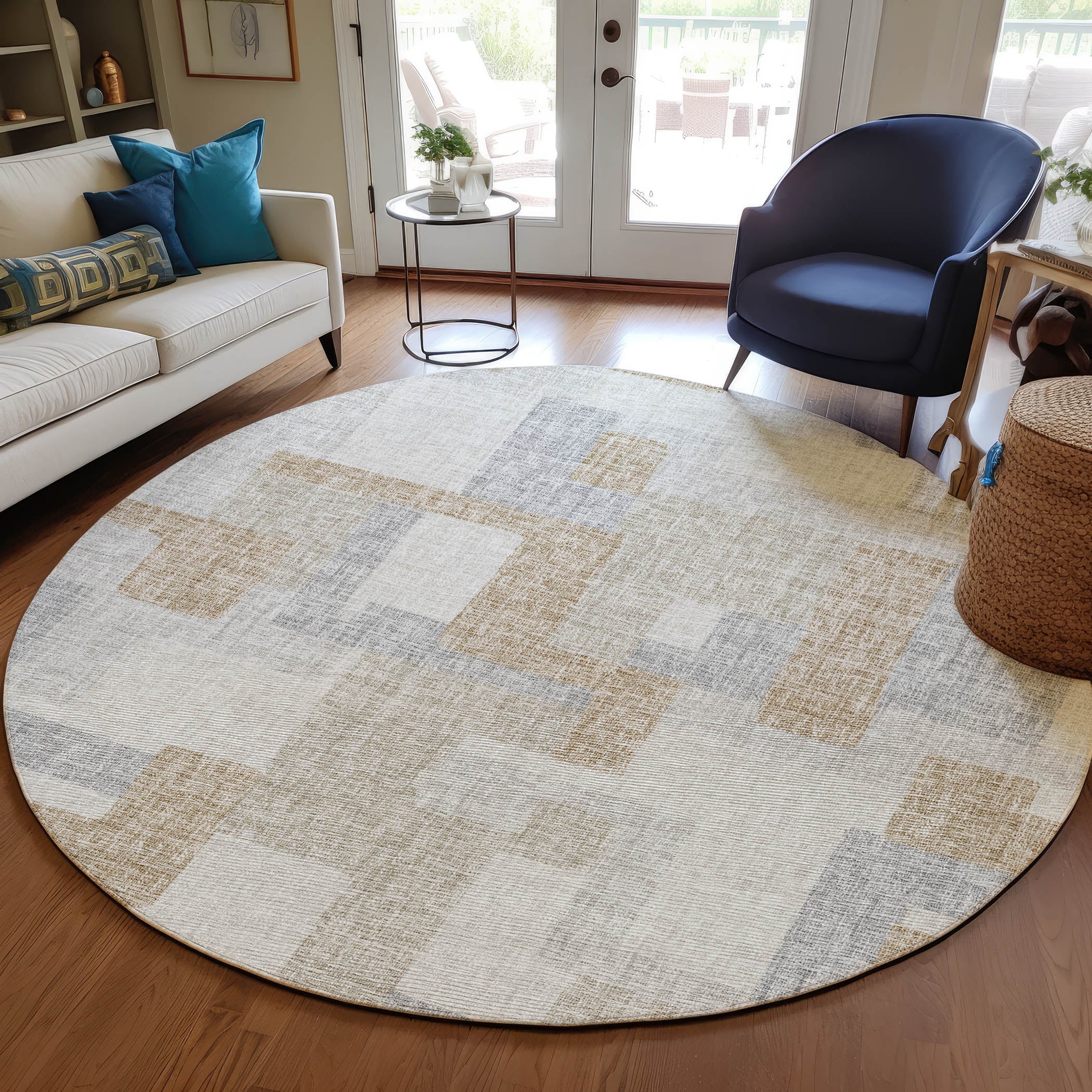 Luxury Washable Indoor/Outdoor Transitional PO3 Ivory Rug 8' x 8' #shape_Rectangle