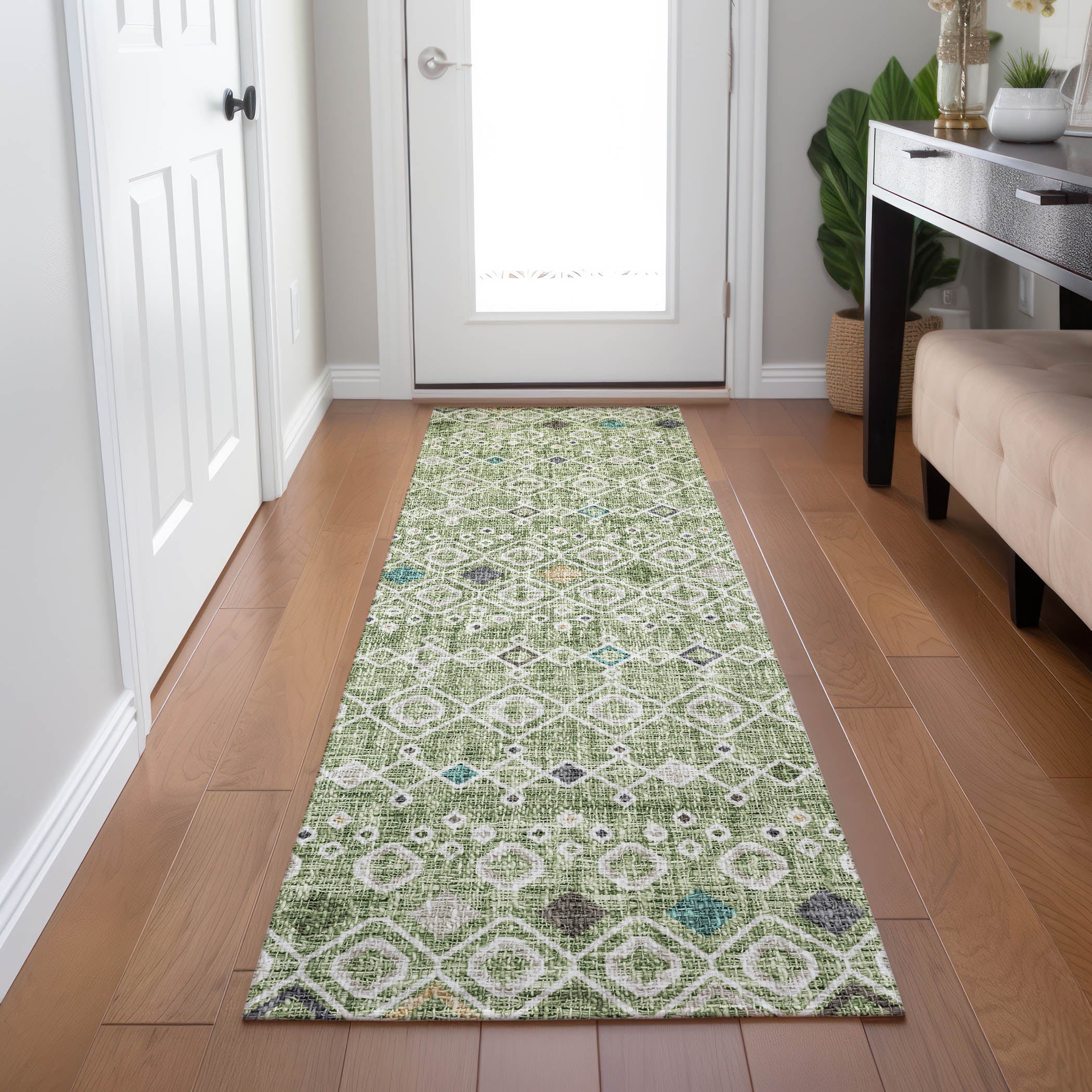 Luxury Washable Indoor/Outdoor Transitional PO4 Aloe Green Rug 2'3" x 7'6" #shape_Runner