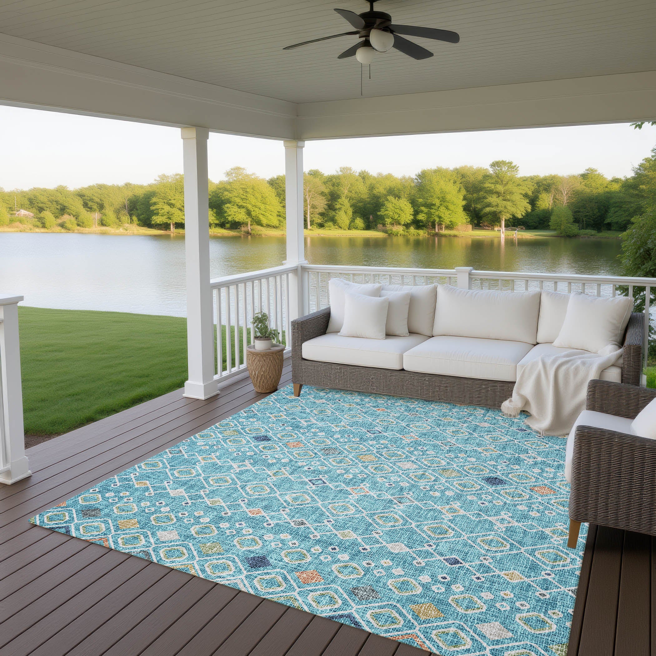 Luxury Washable Indoor/Outdoor Transitional PO4 Teal Rug 2'6" x 3'10" #shape_Rectangle