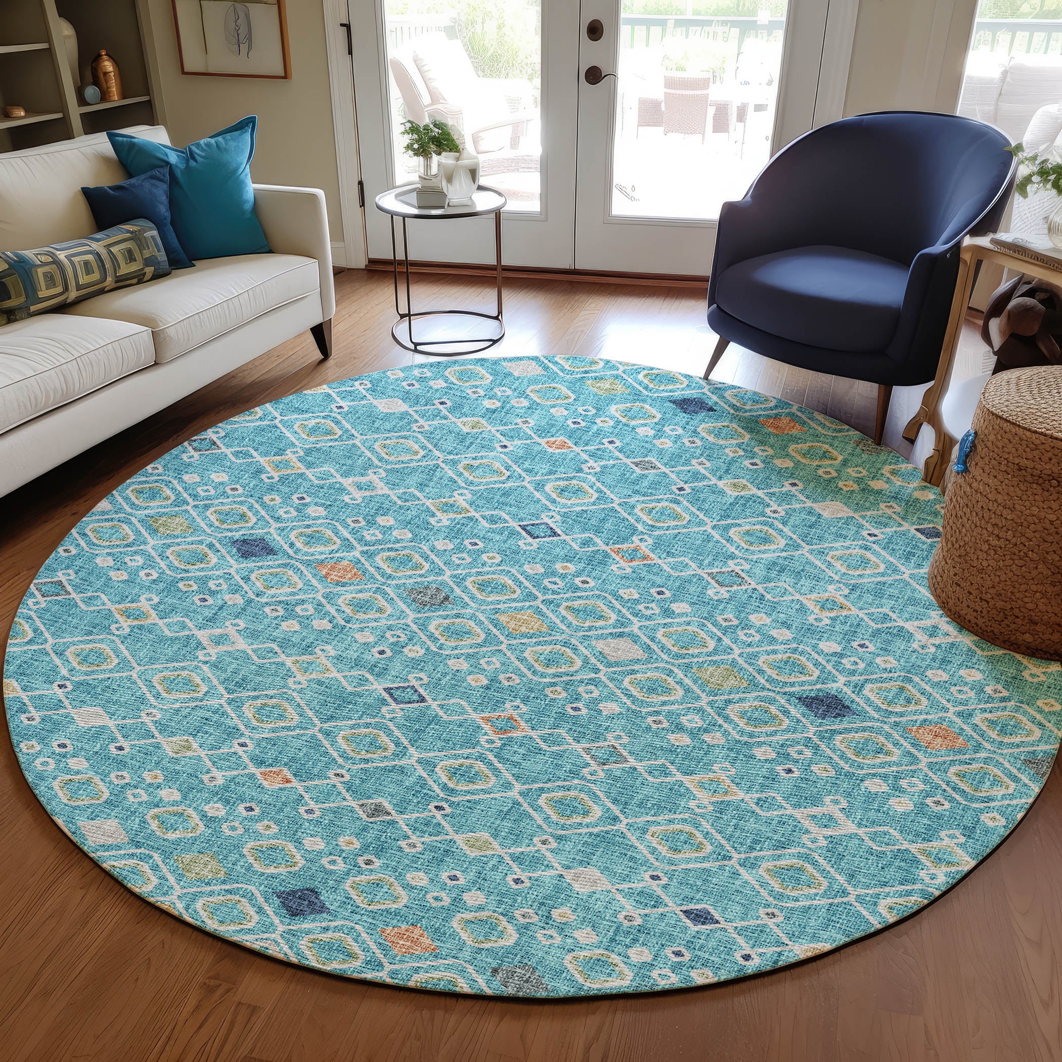 Luxury Washable Indoor/Outdoor Transitional PO4 Teal Rug 8' x 8' #shape_Rectangle