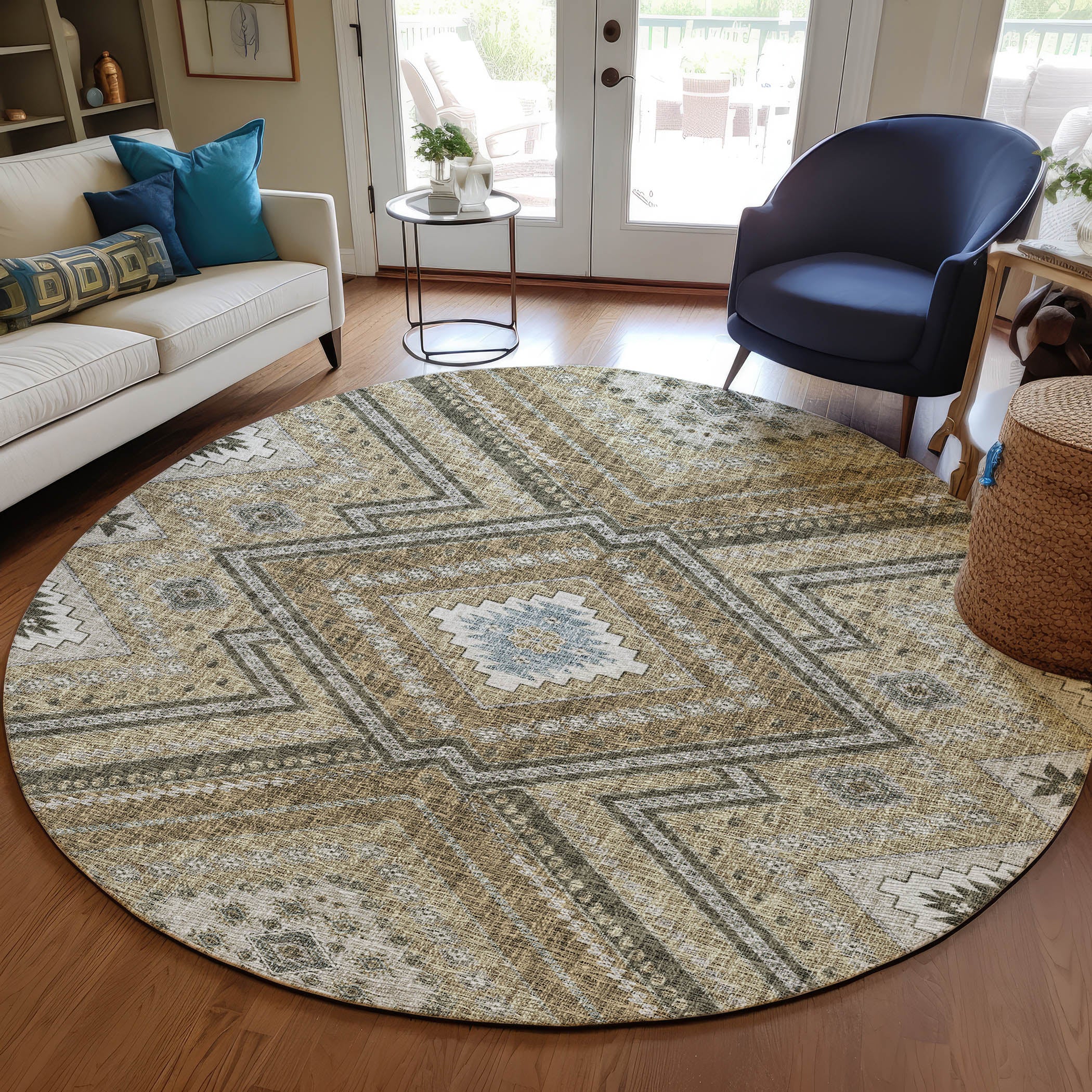 Luxury Washable Indoor/Outdoor Transitional PO5 Beige Brown Rug 8' x 8' #shape_Rectangle