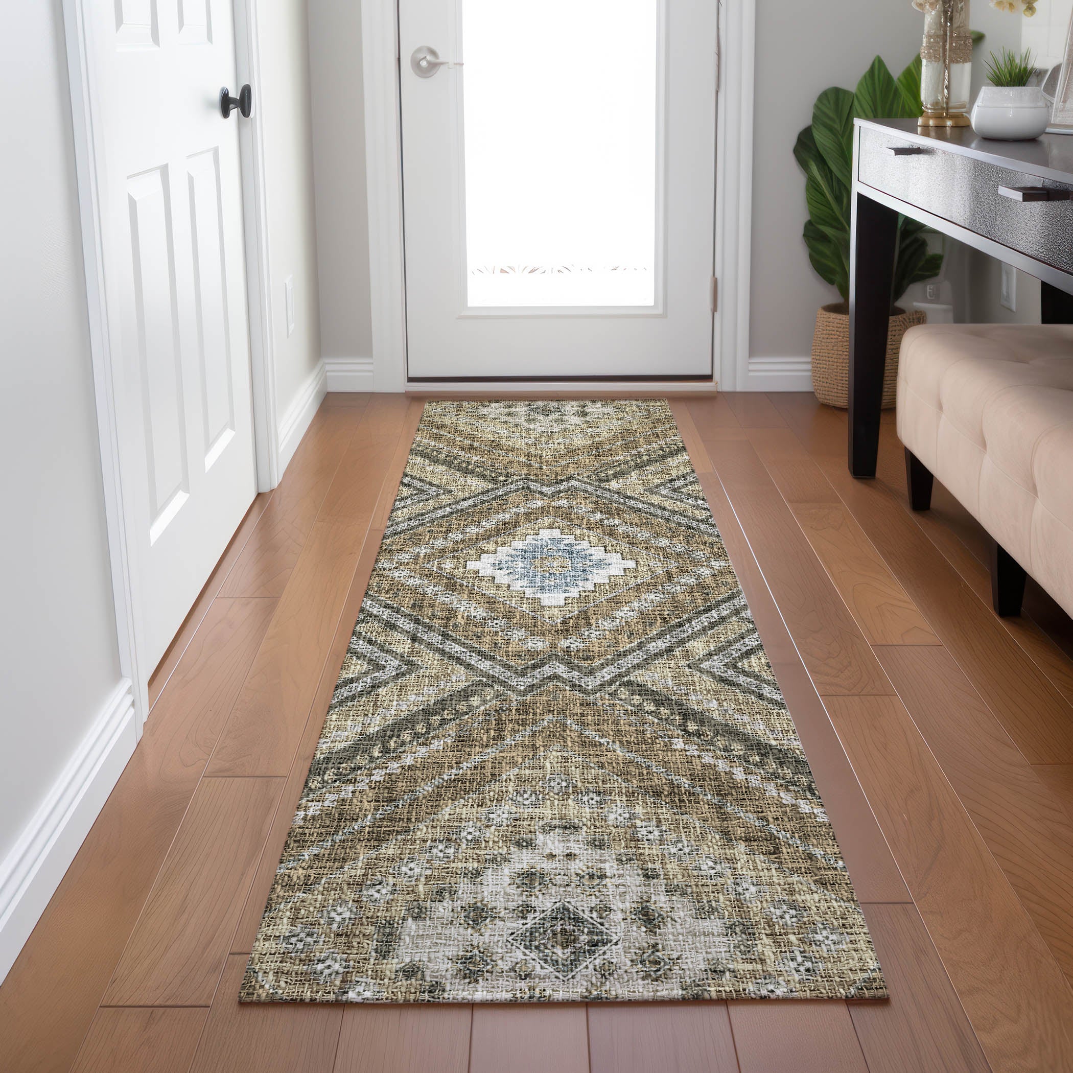 Luxury Washable Indoor/Outdoor Transitional PO5 Beige Brown Rug 2'3" x 7'6" #shape_Runner