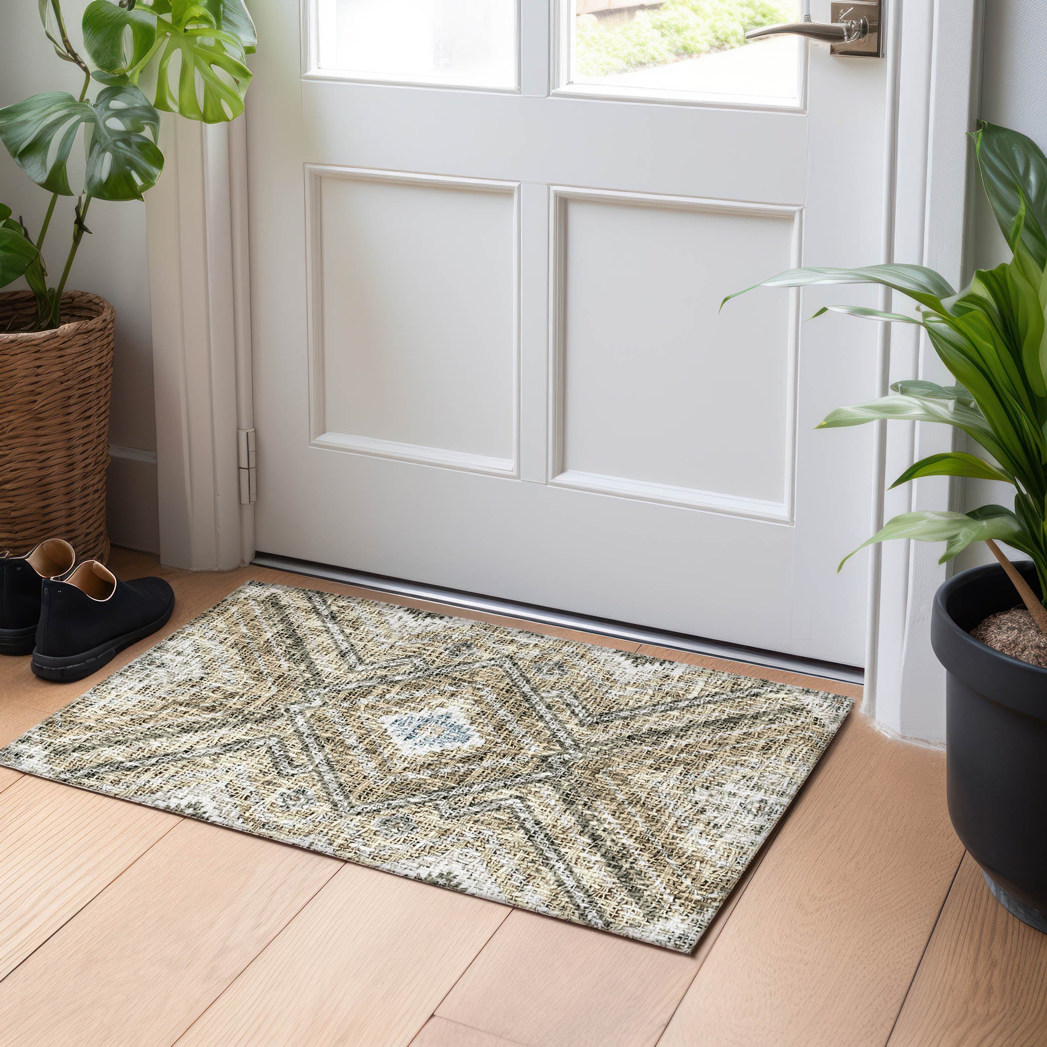 Luxury Washable Indoor/Outdoor Transitional PO5 Beige Brown Rug 1'8" x 2'6" #shape_Rectangle