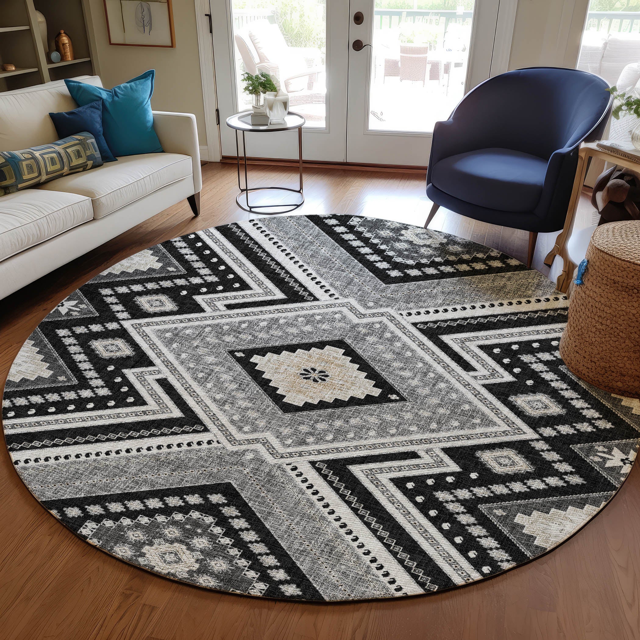 Luxury Washable Indoor/Outdoor Transitional PO5 Black Rug 8' x 8' #shape_Rectangle