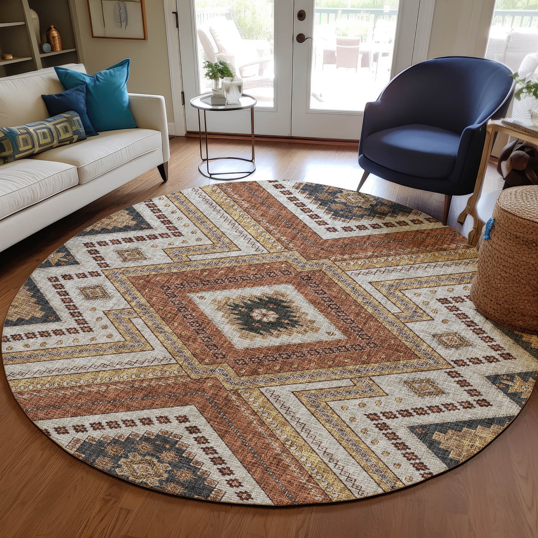 Luxury Washable Indoor/Outdoor Transitional PO5 Copper Orange Rug 8' x 8' #shape_Rectangle