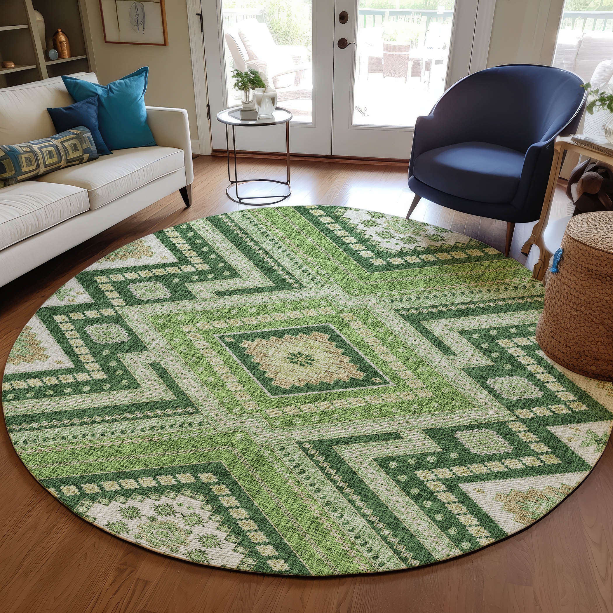 Luxury Washable Indoor/Outdoor Transitional PO5 Green Rug 8' x 8' #shape_Rectangle