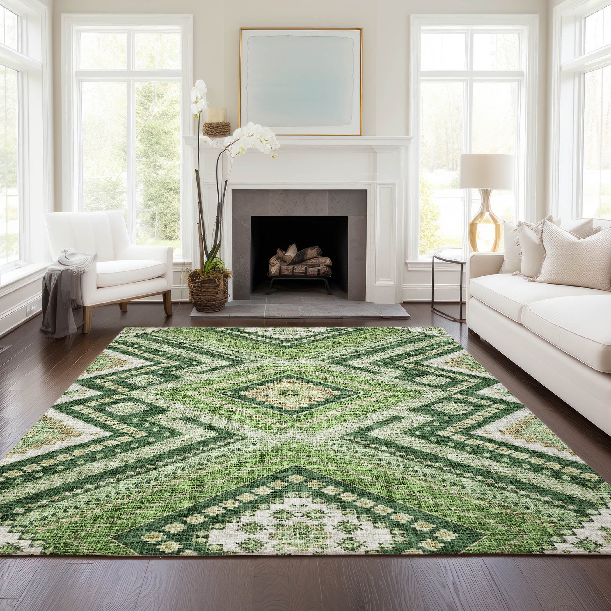 Luxury Washable Indoor/Outdoor Transitional PO5 Green Rug 2'6" x 3'10" #shape_Rectangle