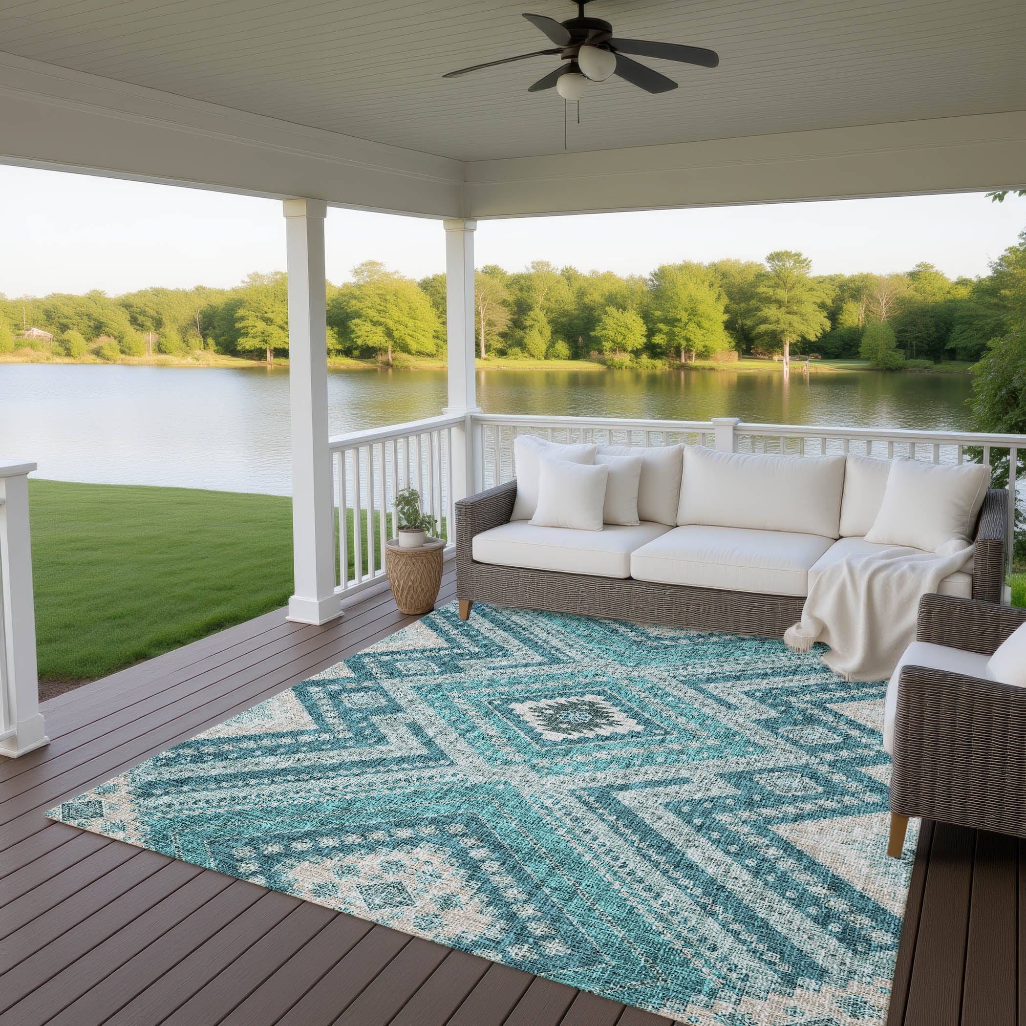 Luxury Washable Indoor/Outdoor Transitional PO5 Teal Rug 2'6" x 3'10" #shape_Rectangle