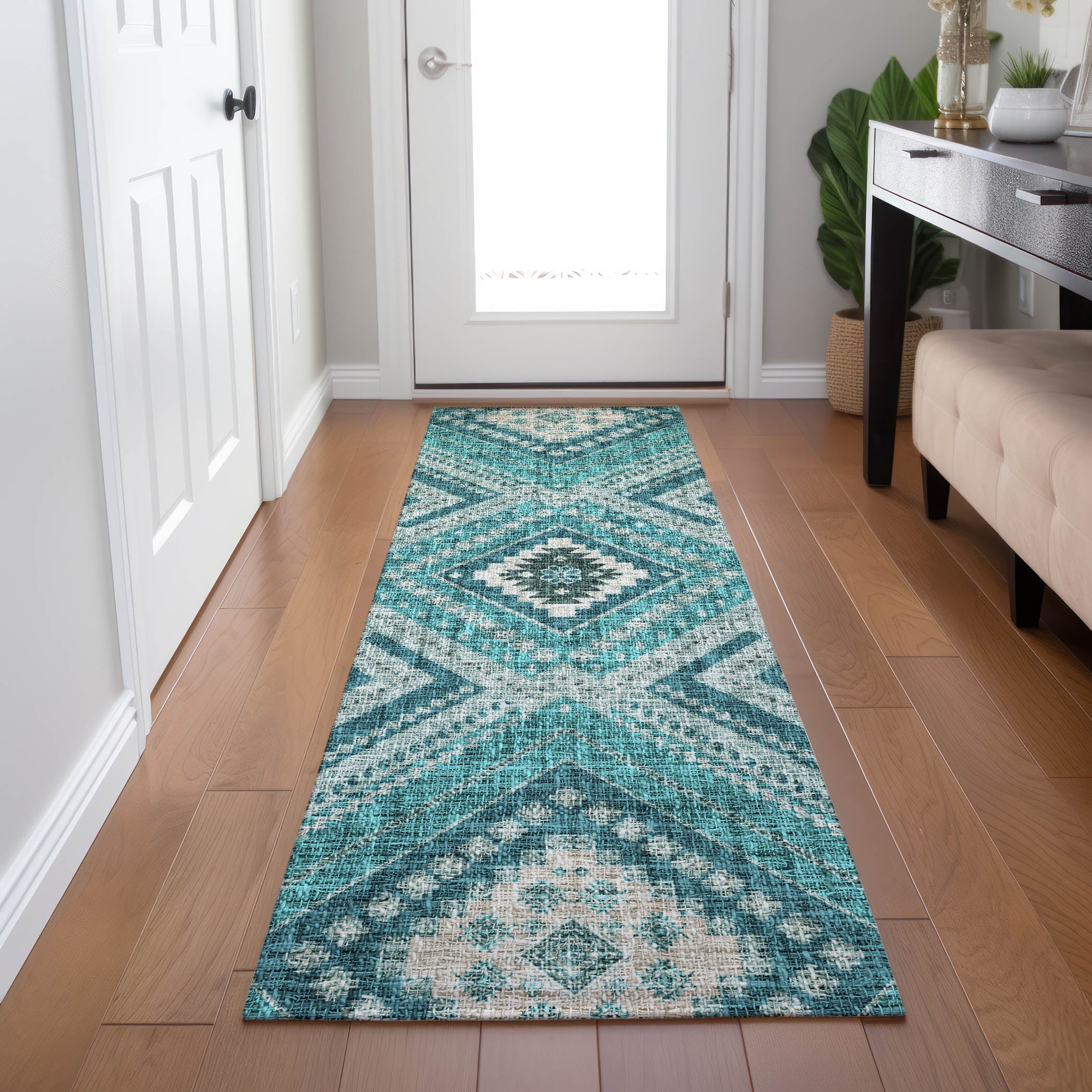 Luxury Washable Indoor/Outdoor Transitional PO5 Teal Rug 2'3" x 7'6" #shape_Runner