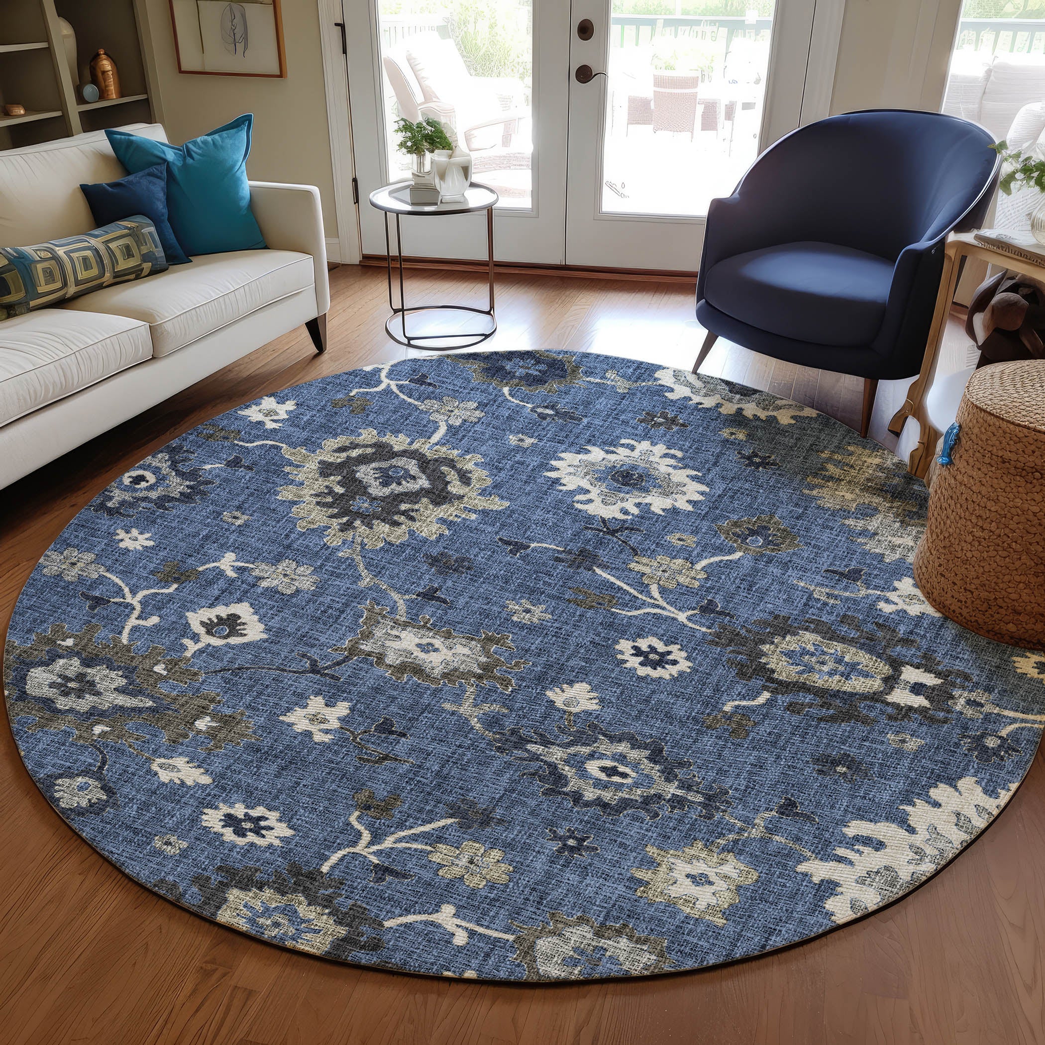 Luxury Washable Indoor/Outdoor Transitional PO6 Blue Rug 8' x 8' #shape_Rectangle