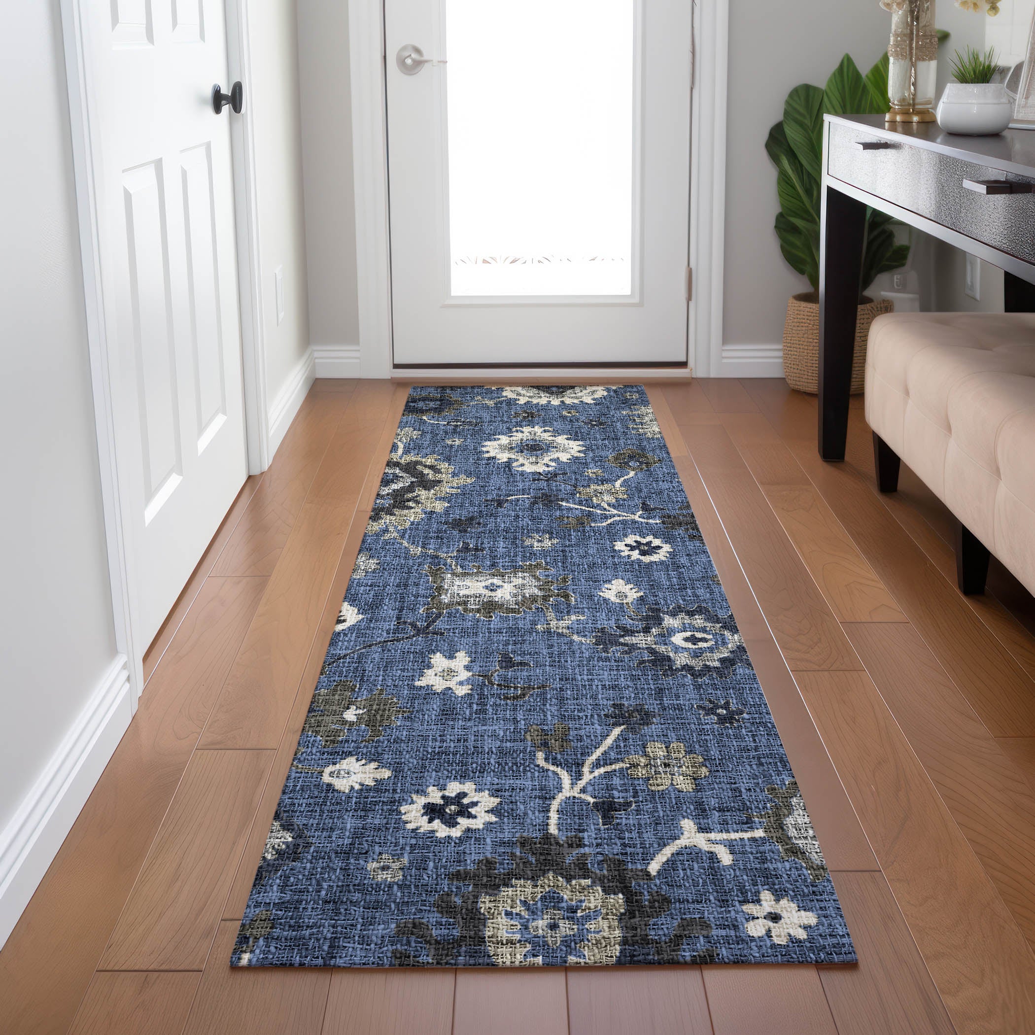 Luxury Washable Indoor/Outdoor Transitional PO6 Blue Rug 2'3" x 7'6" #shape_Runner
